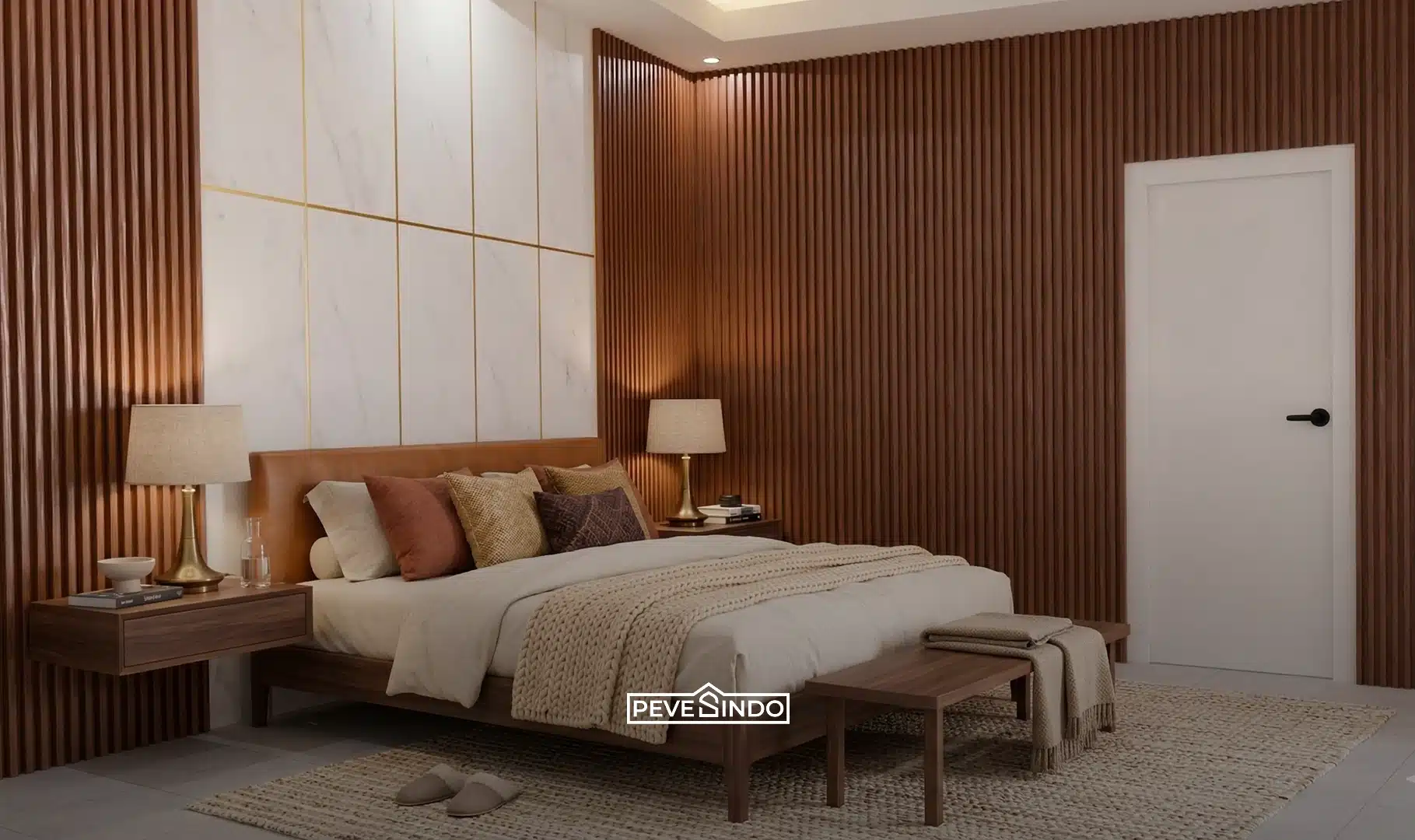 Dinding kamar tidur bersebelahan dengan kamar mandi yang dilapisi wall panel wpc tahan air.
