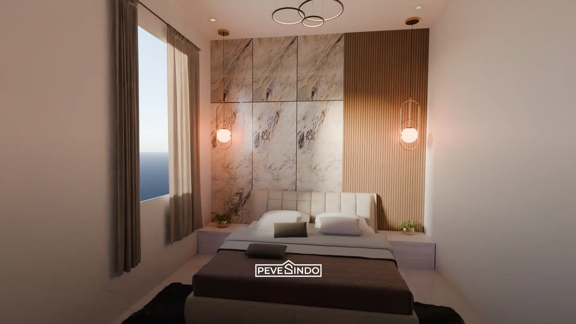 Detail tekstur panel wpc yang dipasang pada dinding kamar untuk membantu meredam suara ruangan.