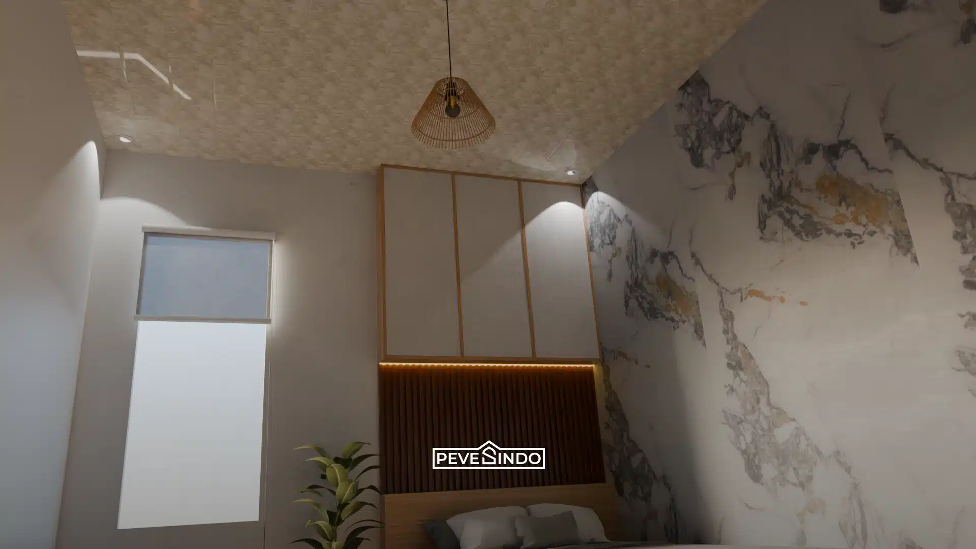 Pembagian zona area kasur dan lemari pakaian menggunakan variasi pemasangan wpc di kamar tidur.