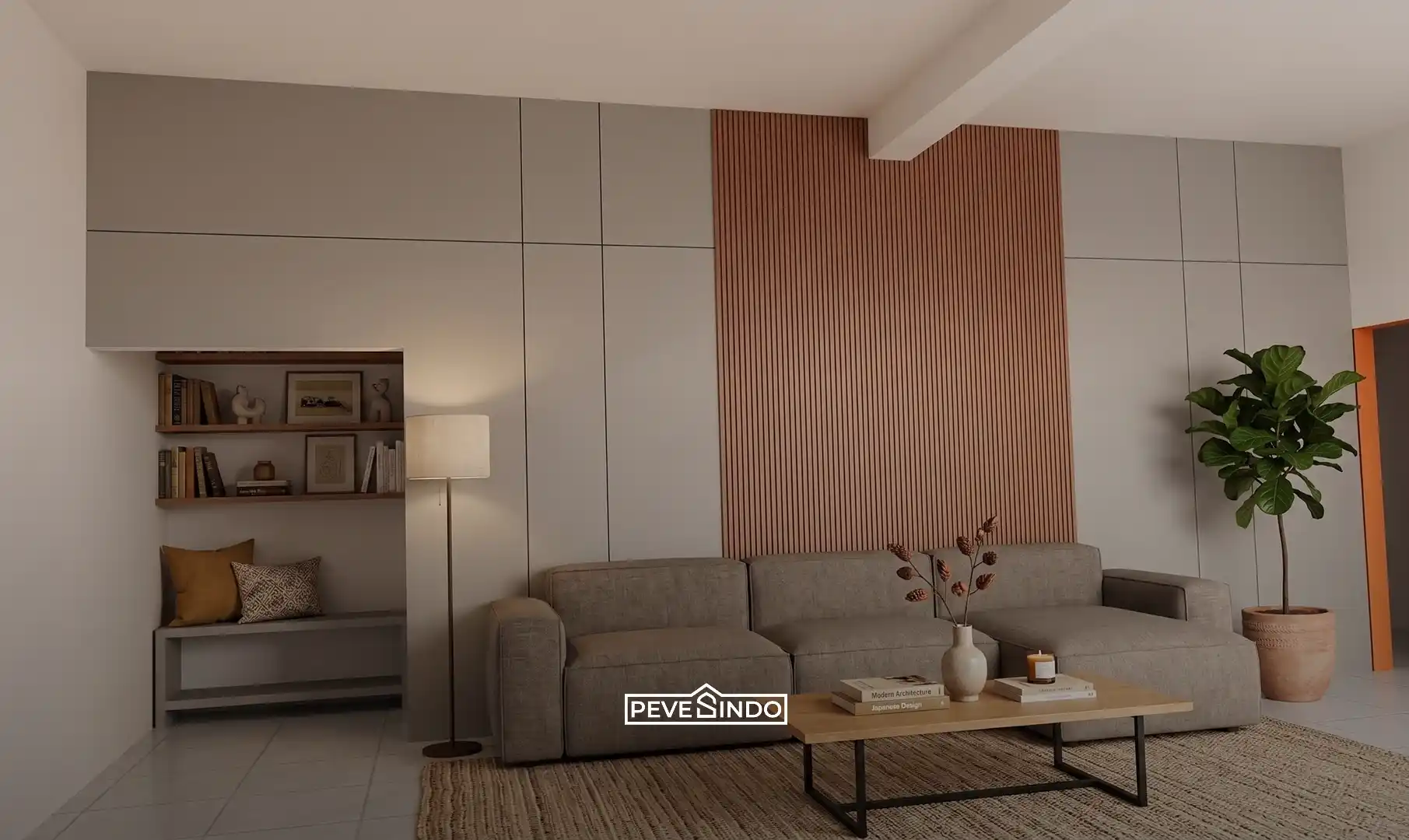 Dinding panel pvc berdesain minimalis menutupi retakan pada dinding ruang tamu dengan rapi dan elegan.