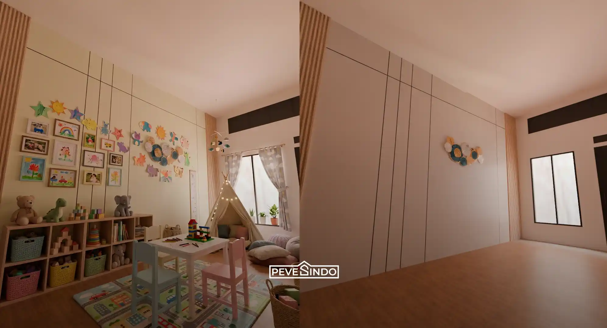 Dinding panel pvc terpasang pada ruang bermain anak yang mudah dibersihkan dari noda dan coretan.