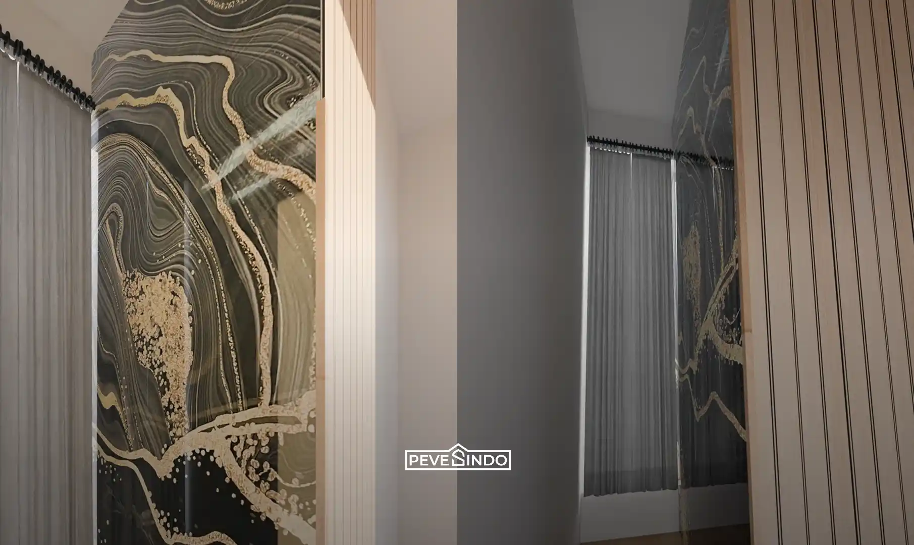 Lorong rumah berlapis dinding panel pvc yang awet dan tahan terhadap goresan atau benturan ringan.