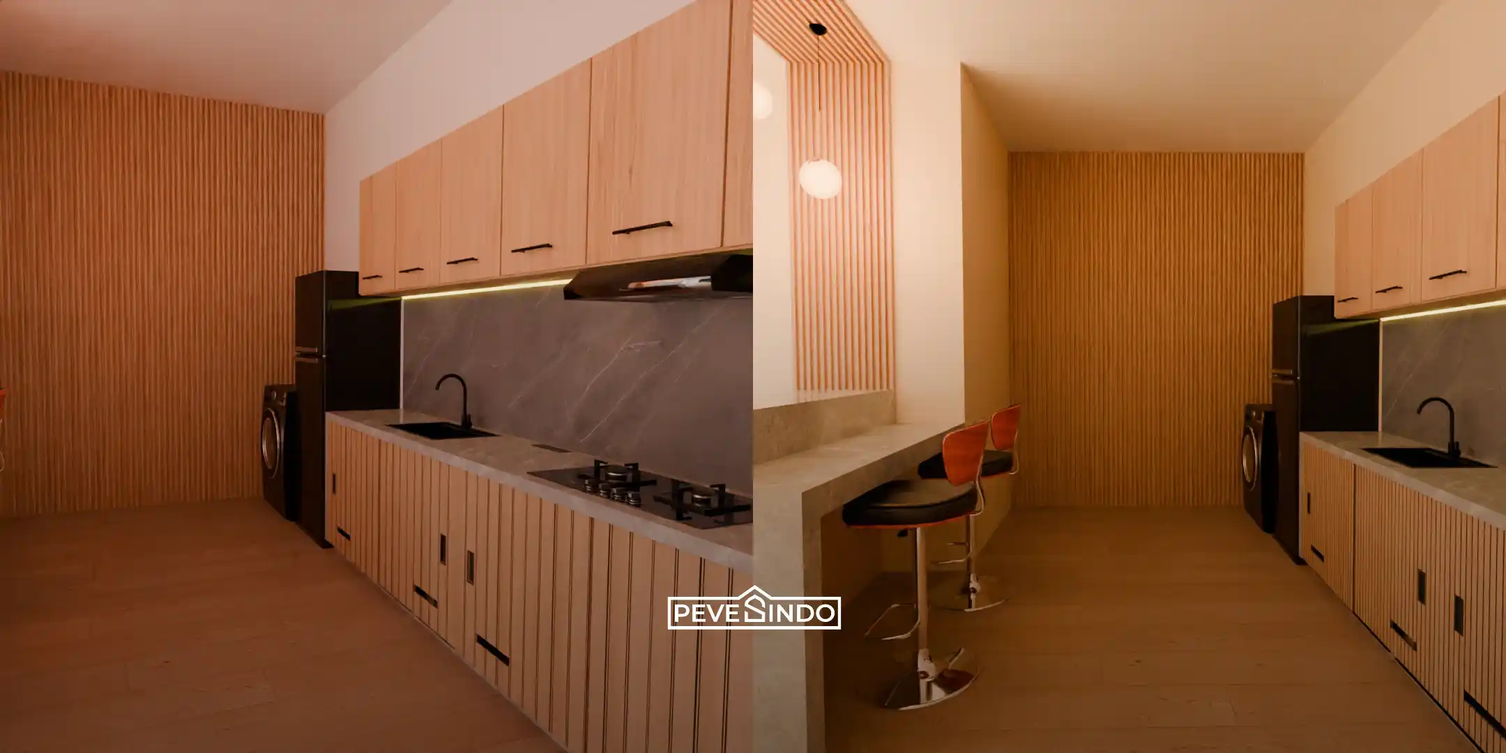 Dinding panel pvc terpasang rapi di area dapur bersih sebagai pelindung tembok dari uap masakan.