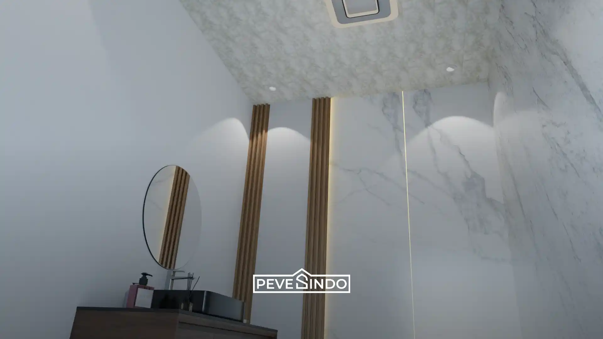 Plafon PVC anti air terpasang rapi dan bersih di area kamar mandi yang lembap.