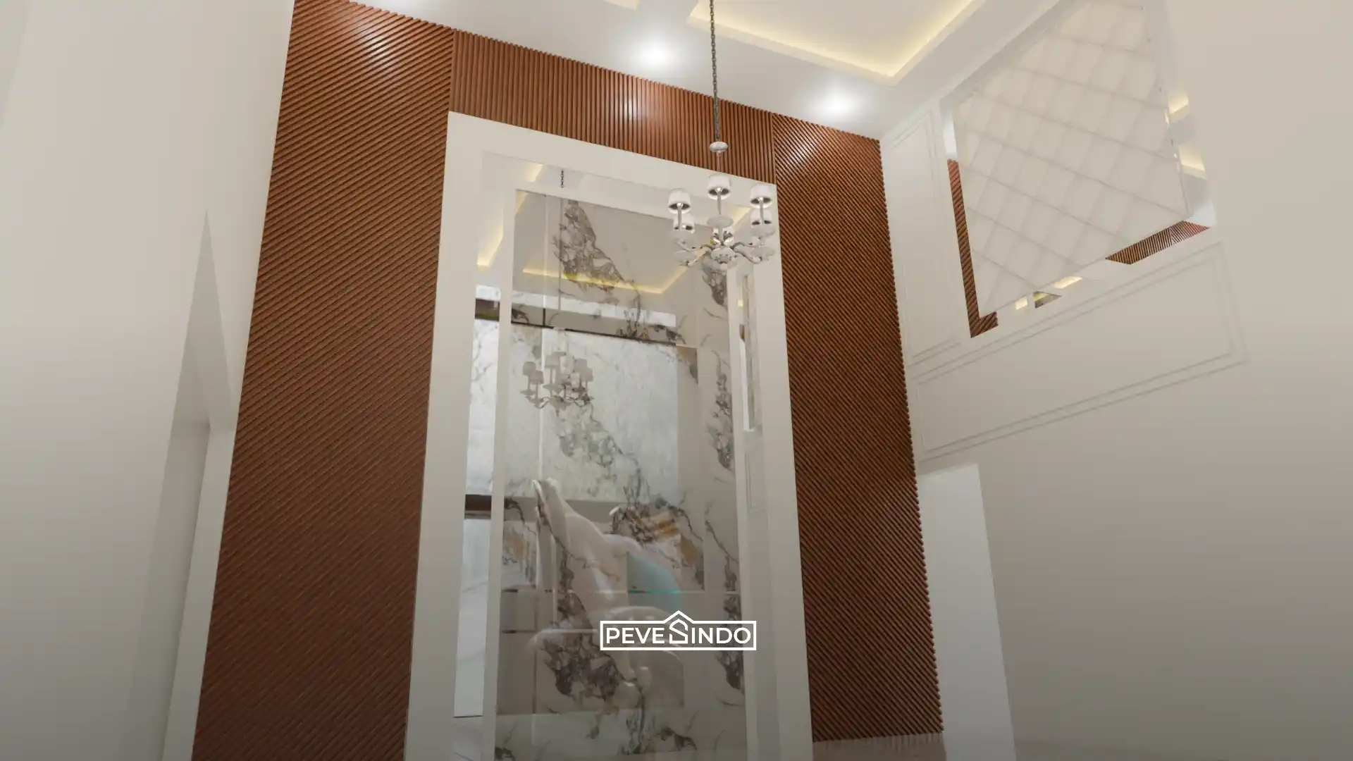 Pemasangan uv marmer elegan untuk backdrop TV di ruang keluarga.