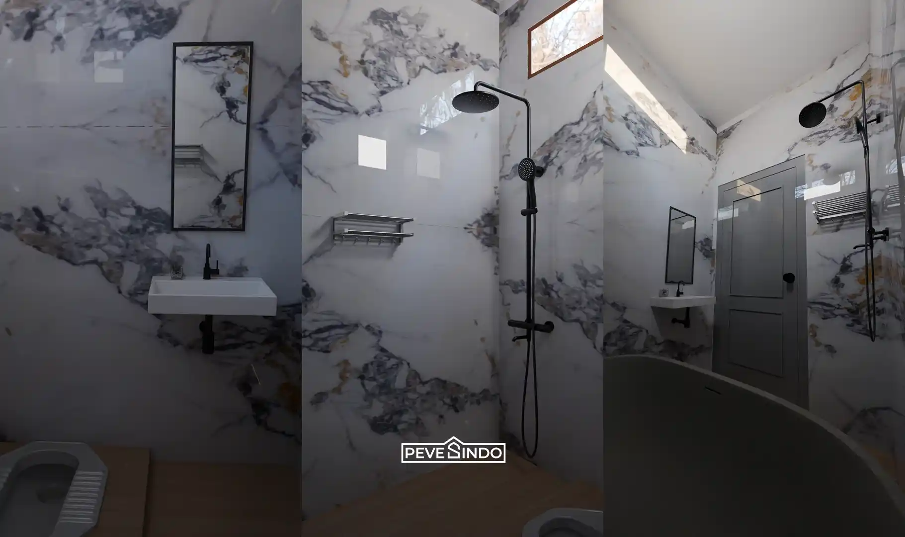 Desain kamar mandi kering mewah menggunakan panel uv marmer tahan air.