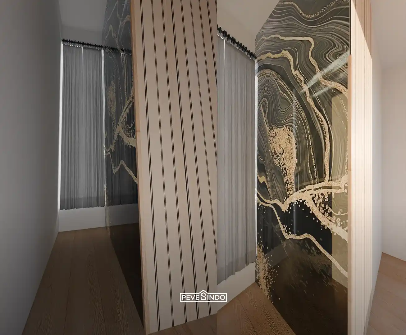 Lorong rumah sempit yang terlihat luas berkat pelapis uv marmer mengkilap.