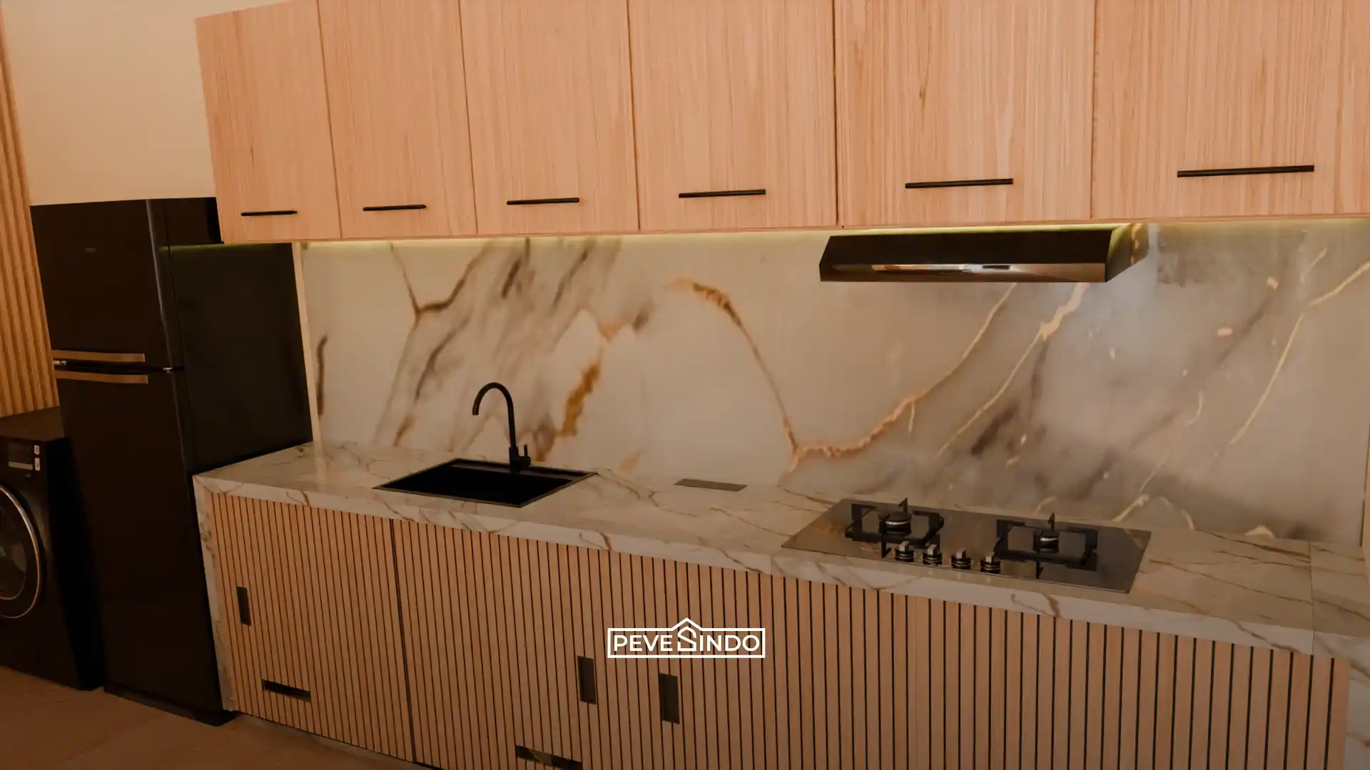 Backsplash dapur bersih dan mewah menggunakan uv marmer anti noda.