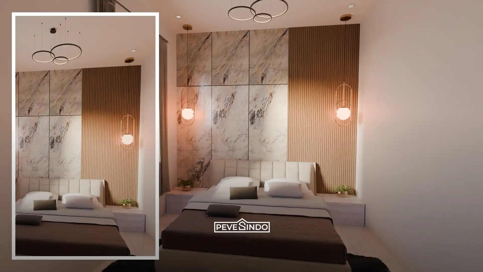 Desain dinding kamar tidur utama yang sehat dengan wallpanel wpc bebas formaldehida.