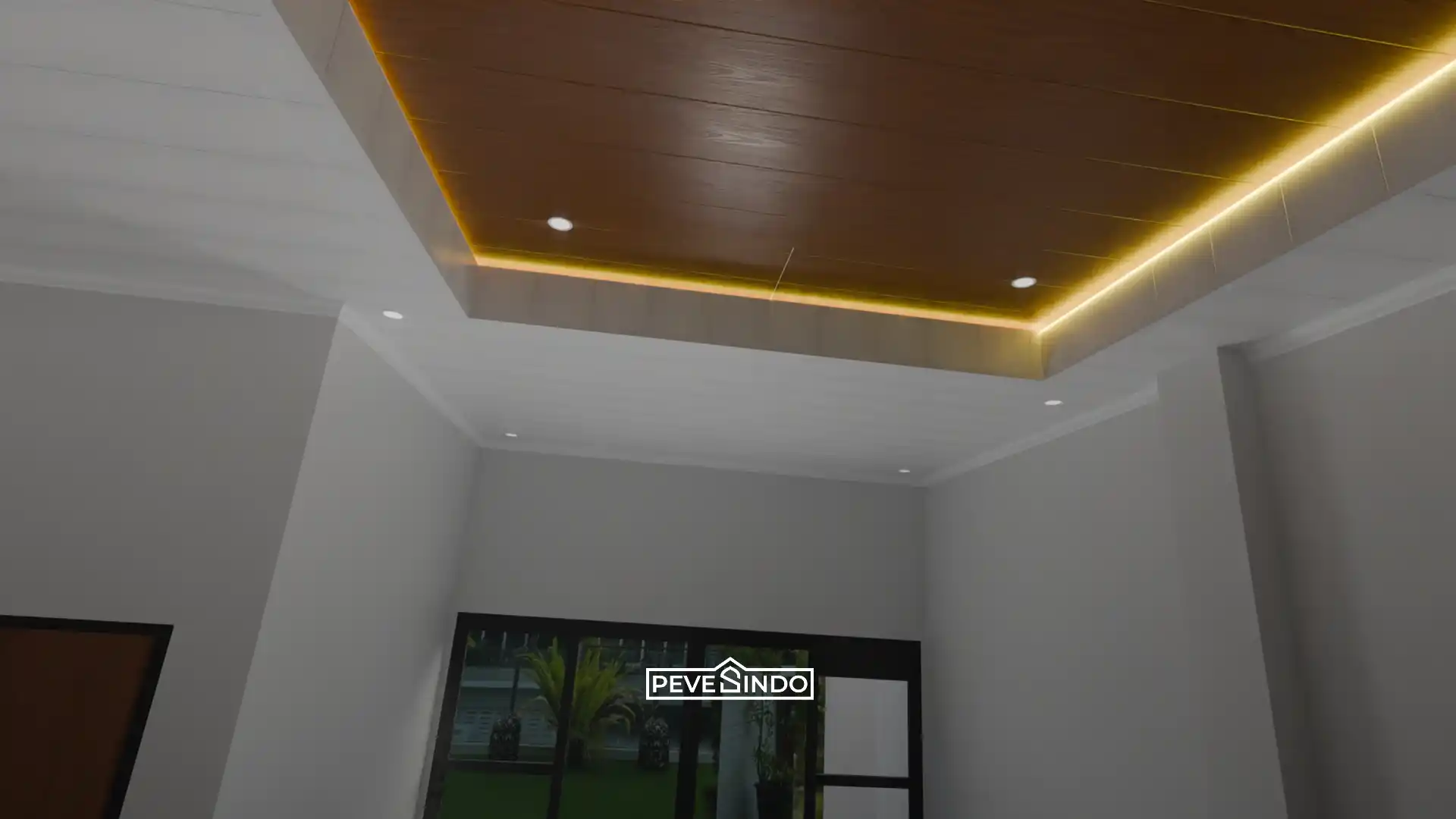 Pemasangan plafon PVC coklat tua model drop ceiling dengan lampu LED hangat di ruang keluarga.