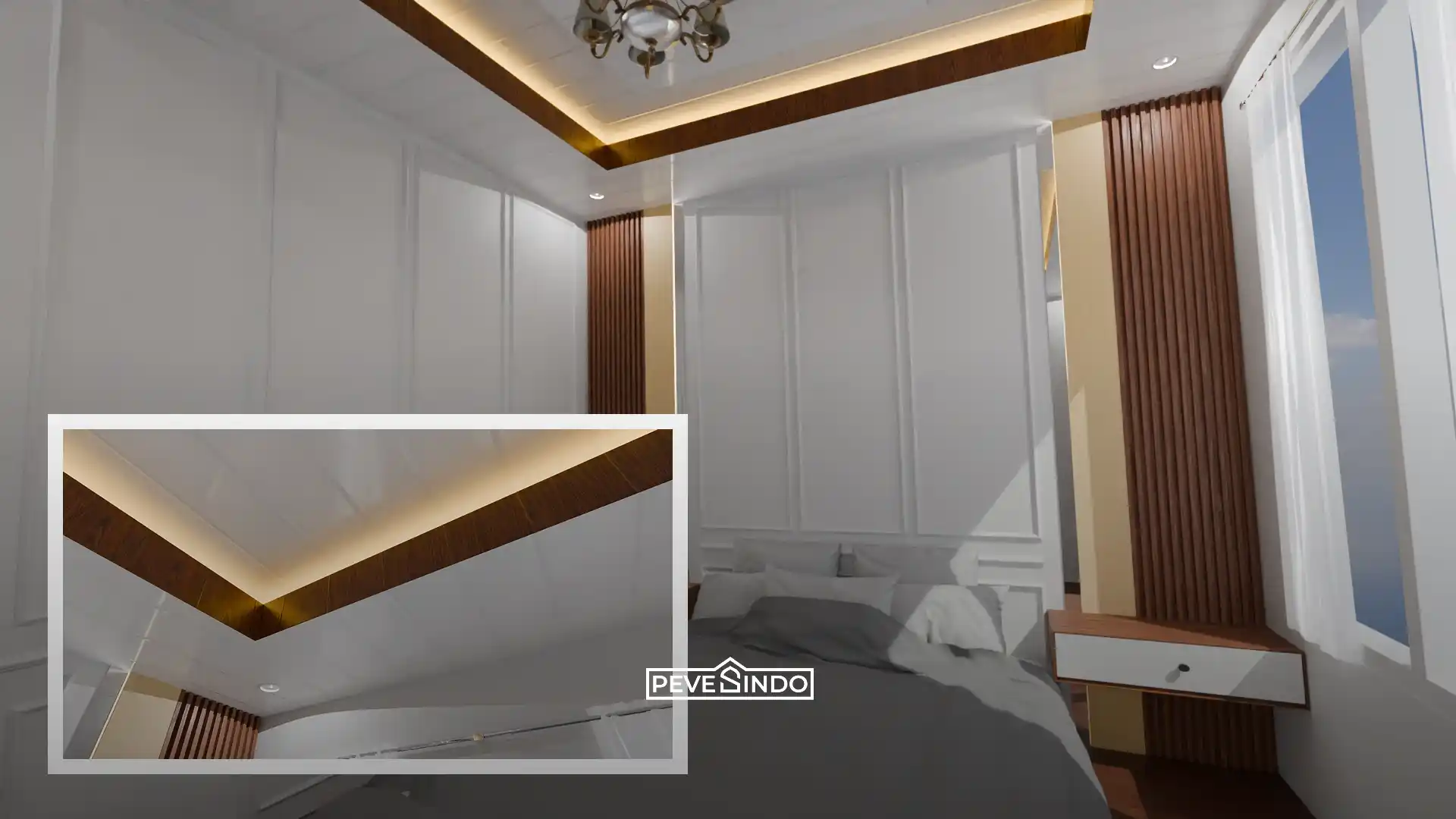 Desain kamar tidur utama minimalis dengan plafon PVC motif kayu yang memberikan suasana hangat dan nyaman.