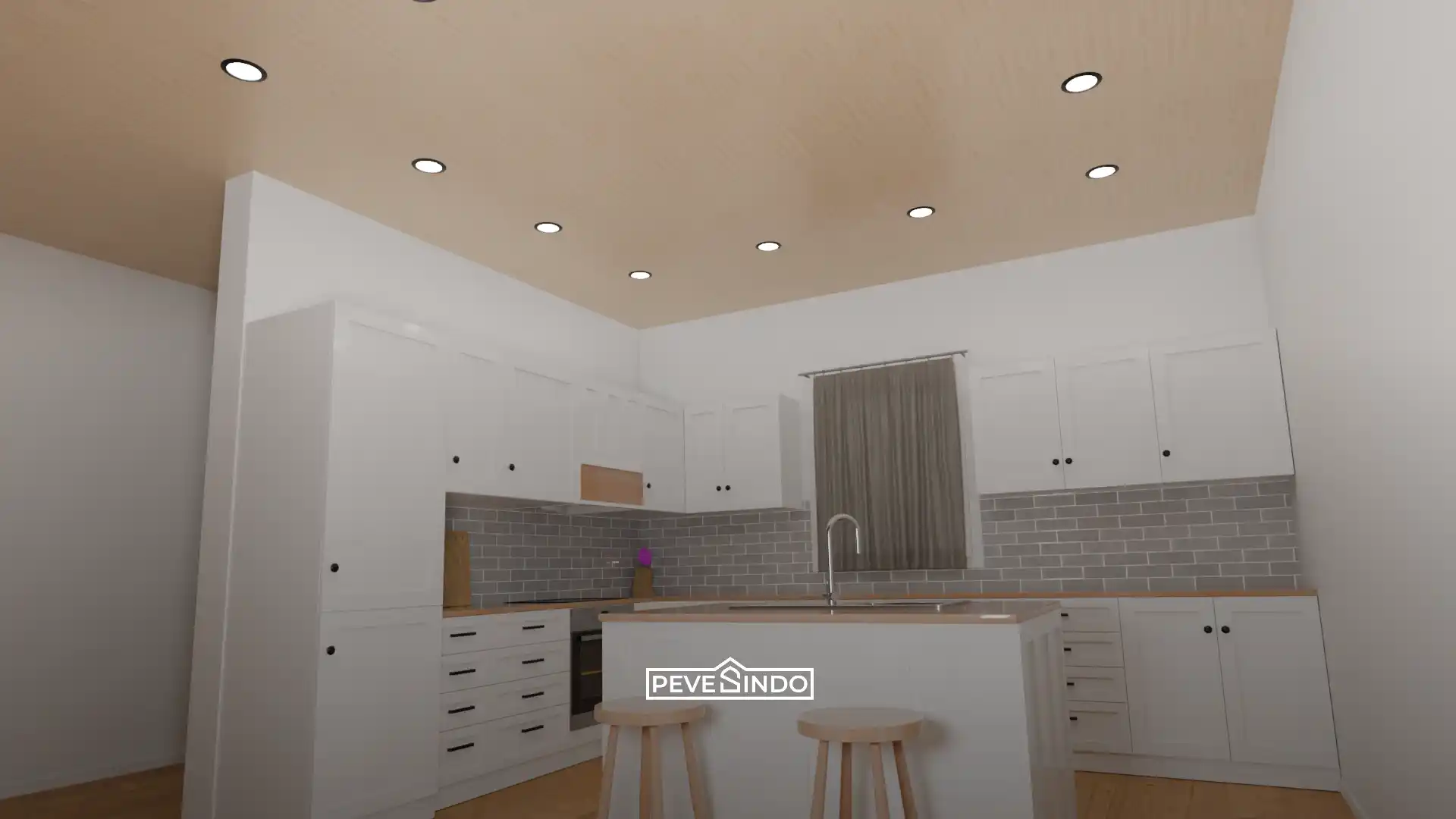 Dapur modern menggunakan plafon PVC motif kayu yang tahan terhadap uap panas dan mudah dibersihkan.