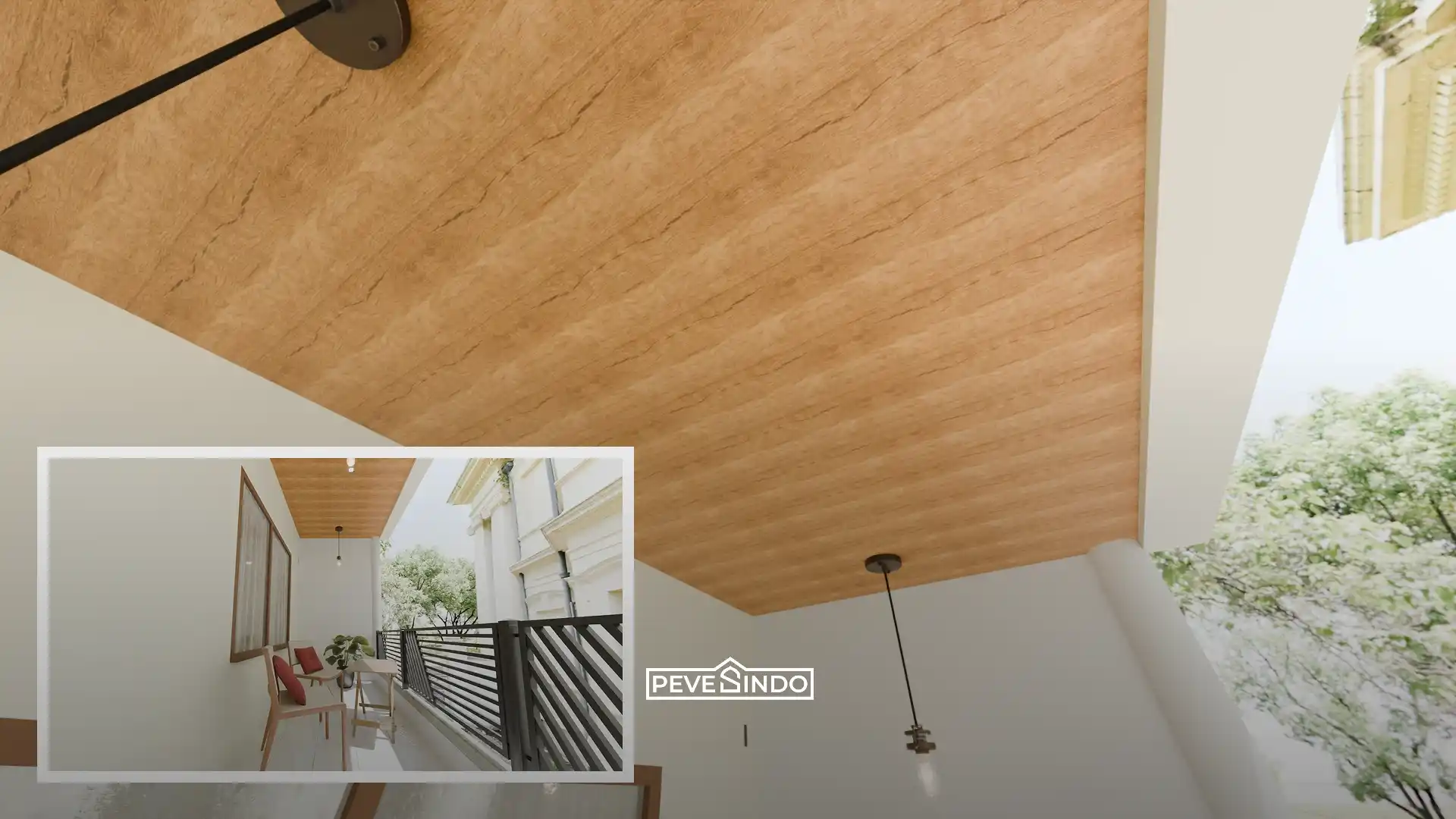 Teras rumah dengan plafon PVC coklat tua yang tahan cuaca dan anti rayap.