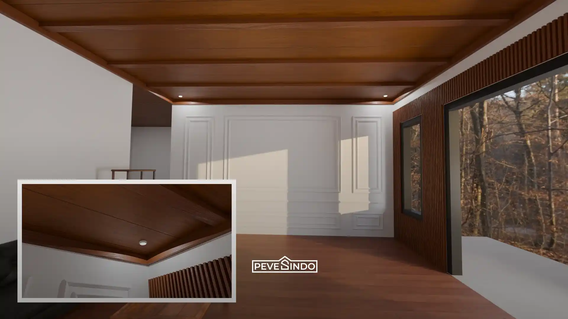 Ruang tamu dengan kombinasi plafon PVC motif kayu, dinding terang, dan furniture kayu yang terlihat seimbang dan tidak sesak.
