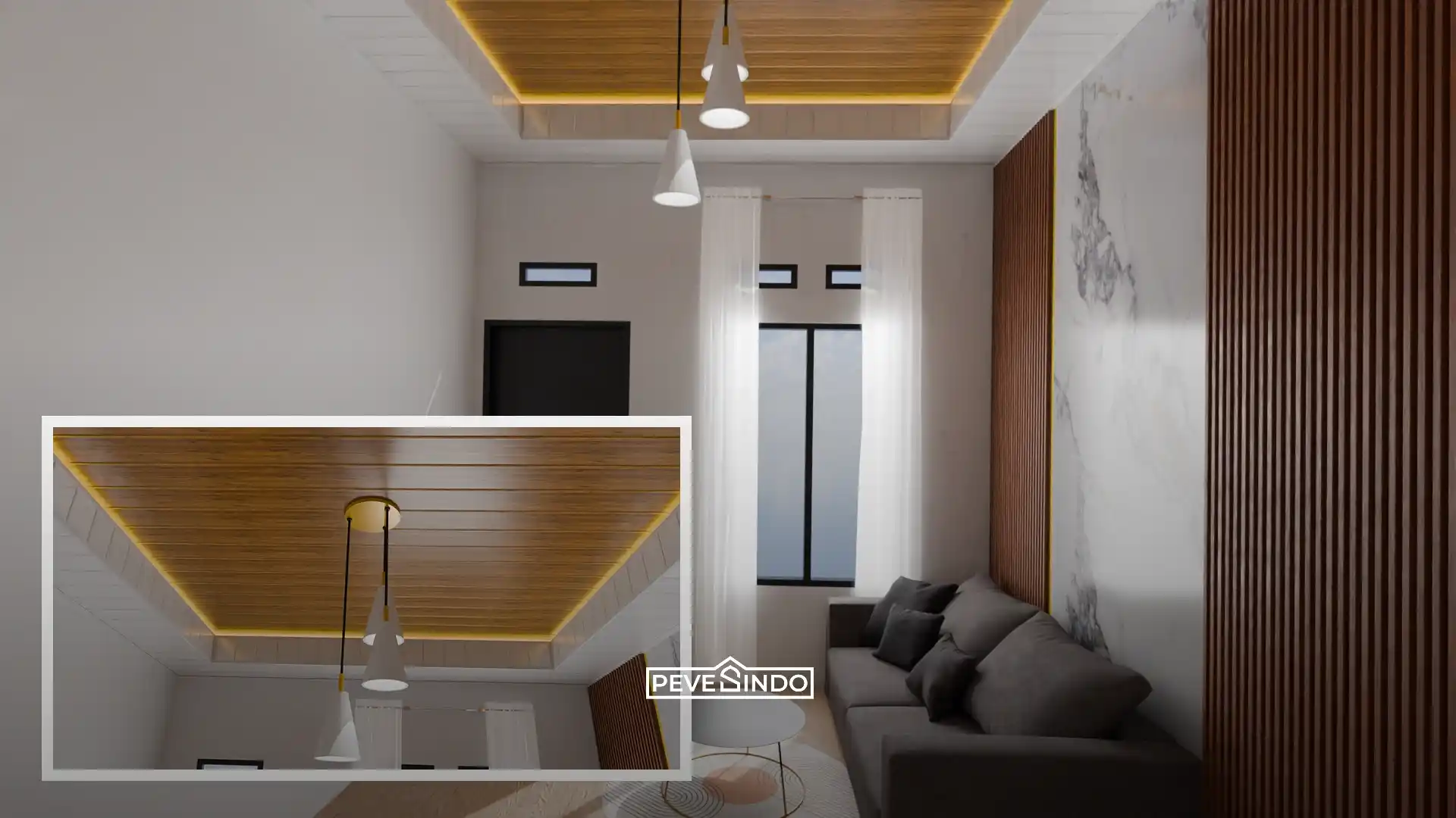 Ruang tamu hangat dengan plafon PVC motif kayu warna coklat.