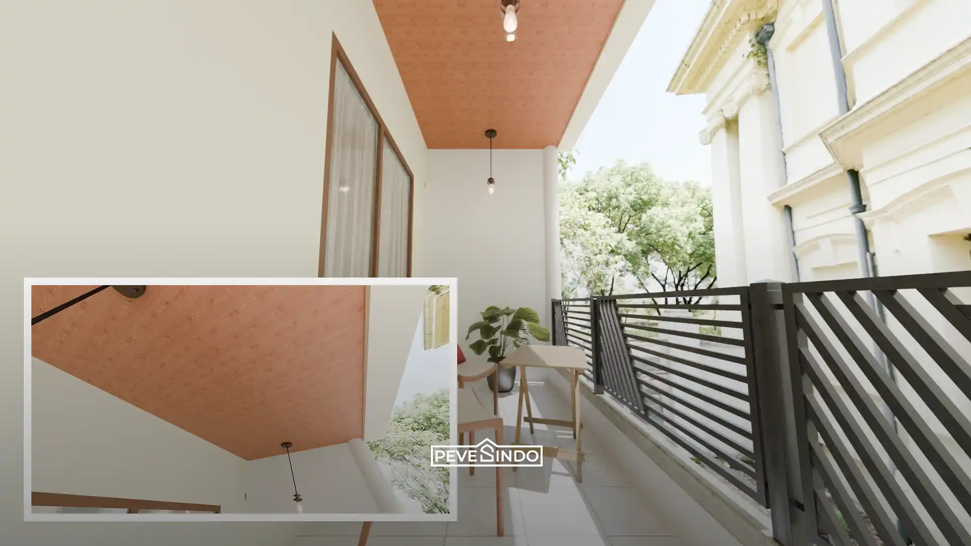 Teras rumah tahan cuaca menggunakan plafon PVC motif kayu.