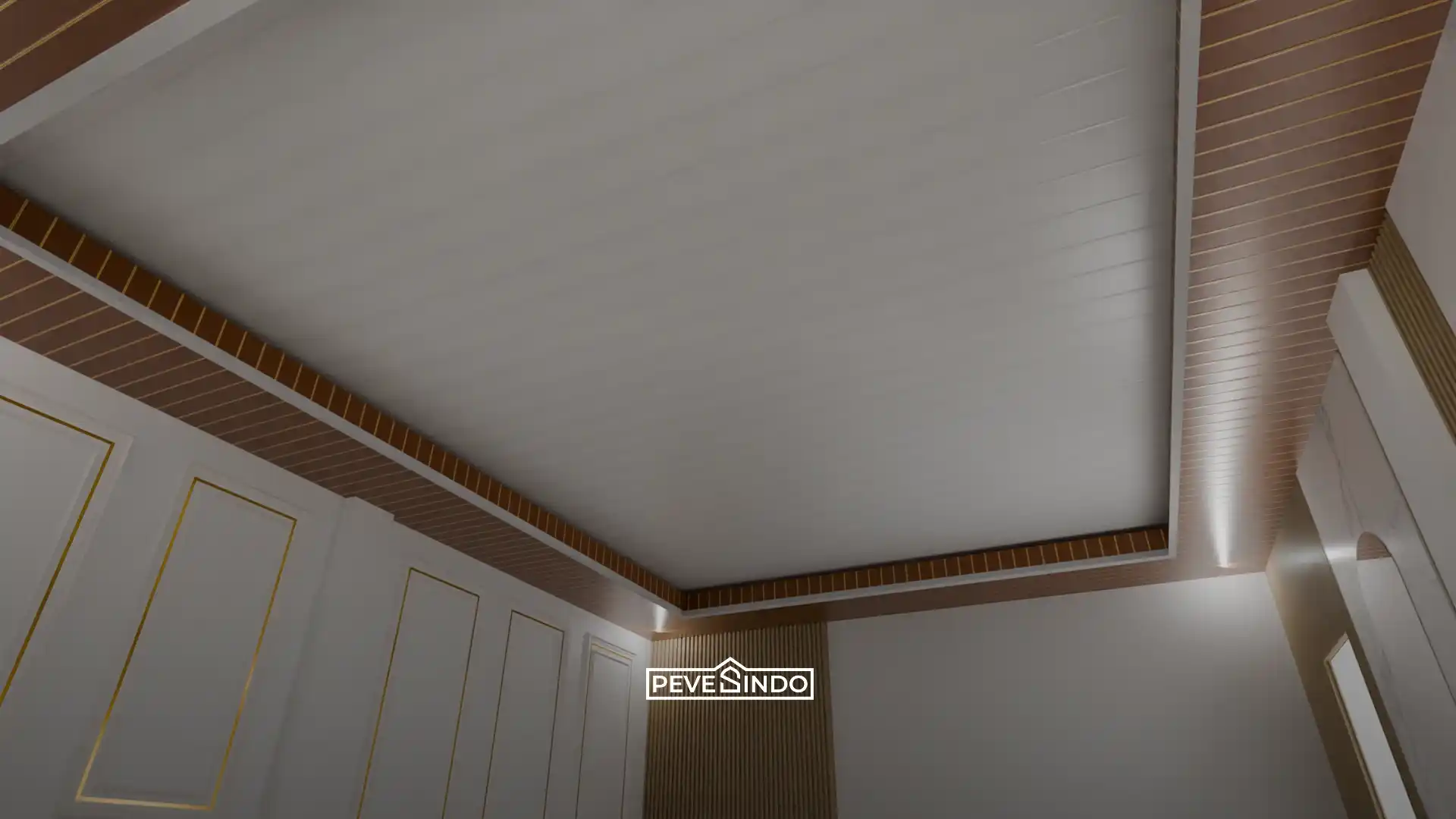Interior cafe estetik dengan plafon PVC motif kayu coklat hangat.