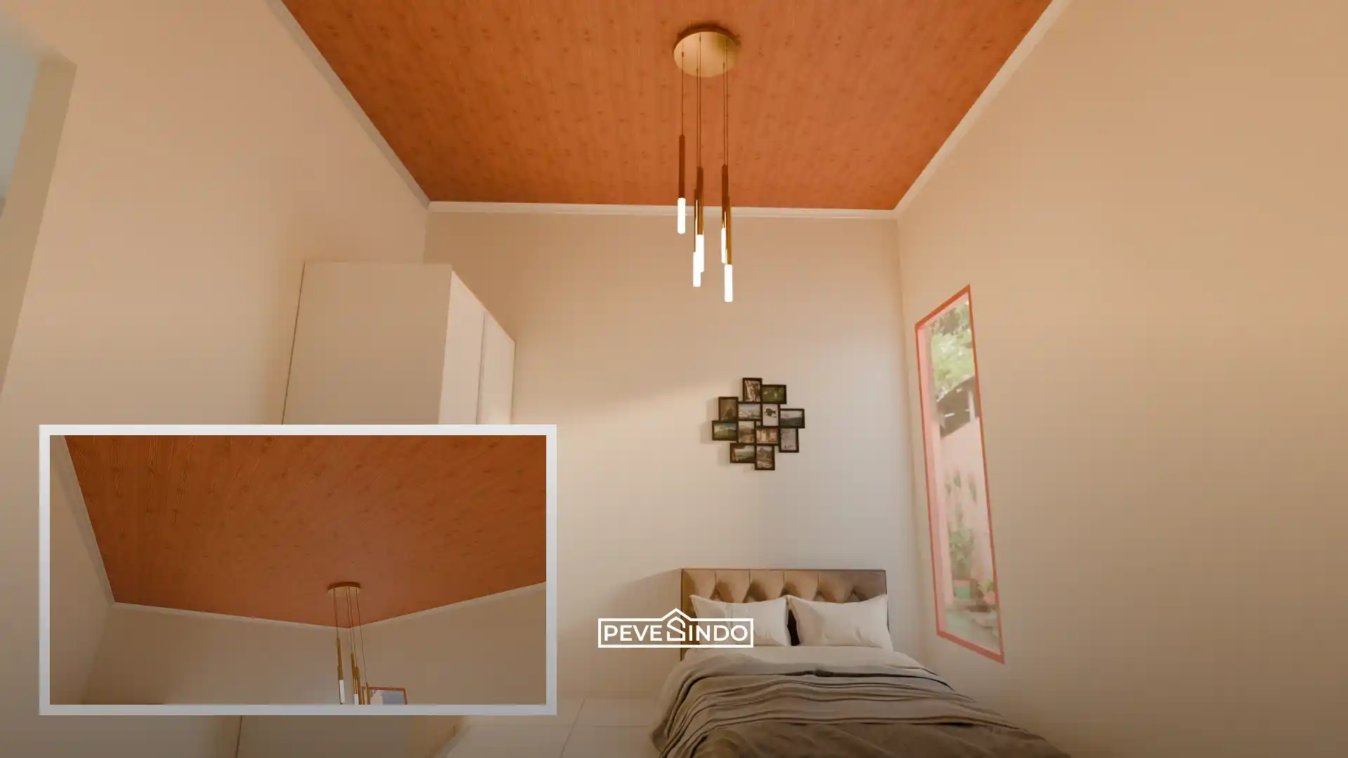 Kamar tidur nyaman dengan plafon PVC coklat tua yang menenangkan.