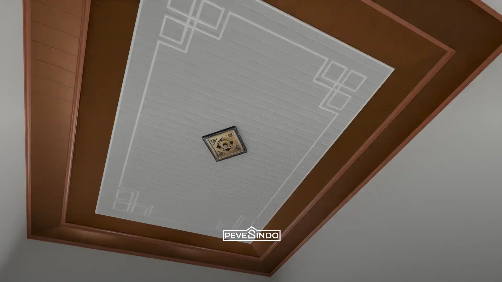 Plafon PVC ruang tamu model drop ceiling elegan perpaduan motif serat kayu dan putih bersih yang anti rayap.