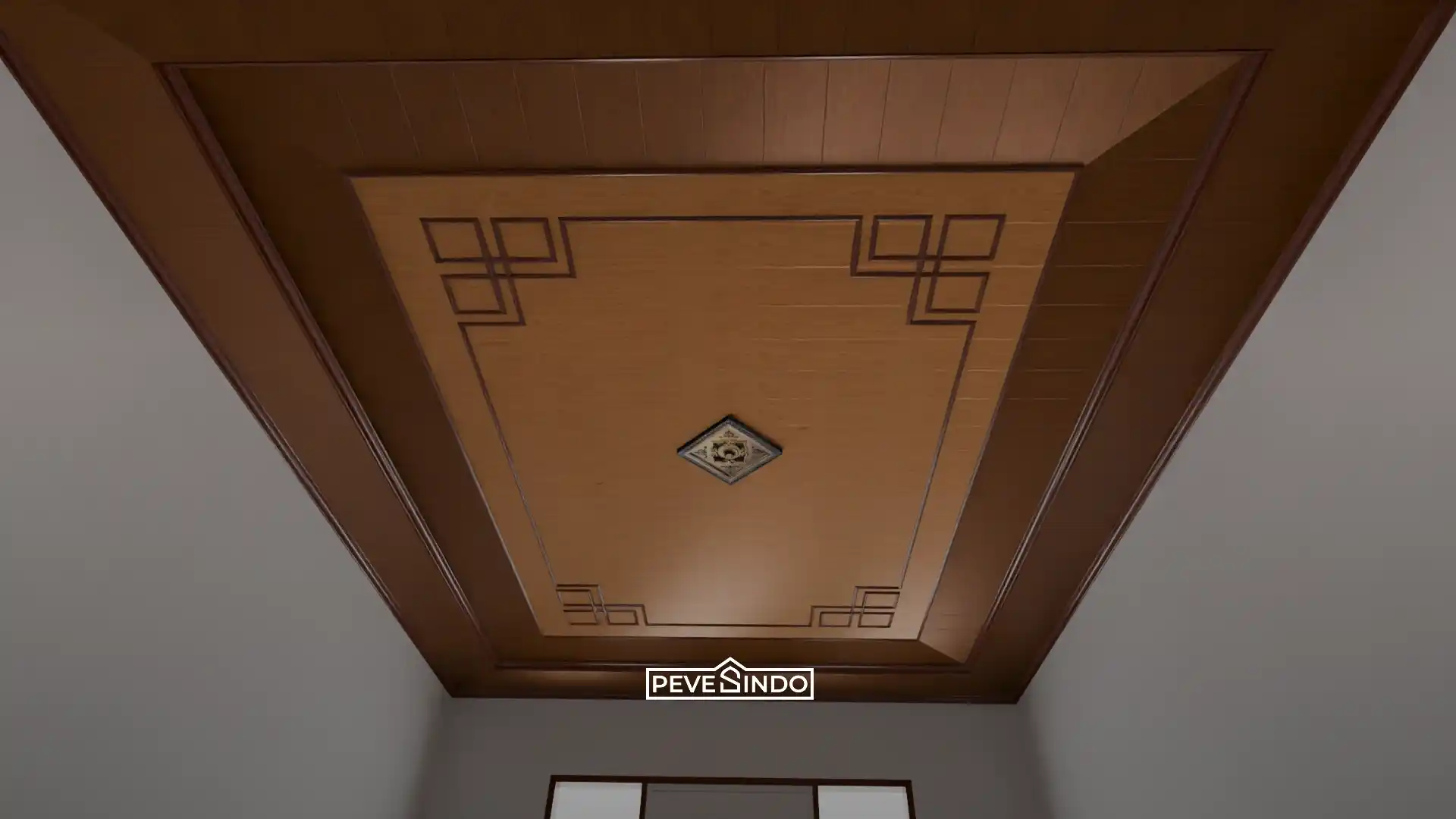 Desain plafon PVC ruang keluarga motif kayu cokelat klasik bergaya drop ceiling dengan aksen garis geometris yang anti rayap dan tahan air.