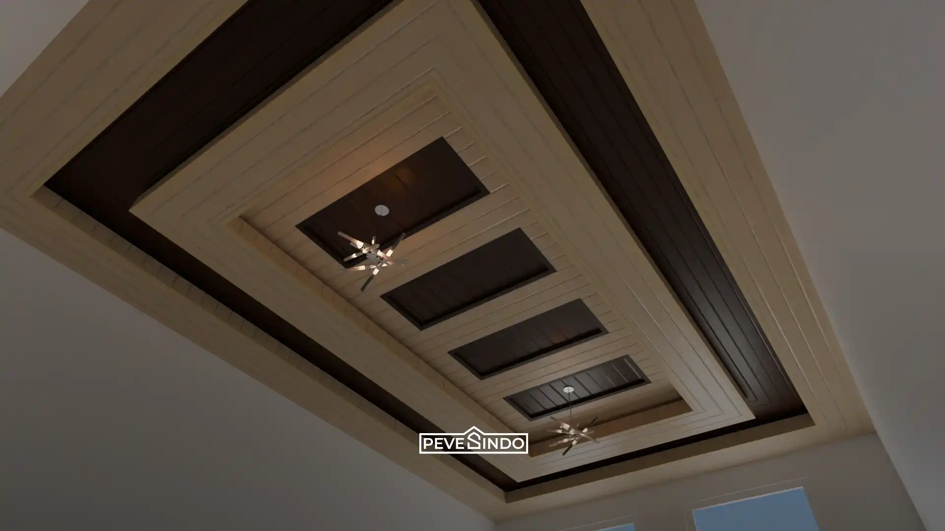 Desain plafon PVC drop ceiling bertingkat dengan perpaduan warna kayu terang dan cokelat gelap yang modern, anti rayap, serta tahan air.