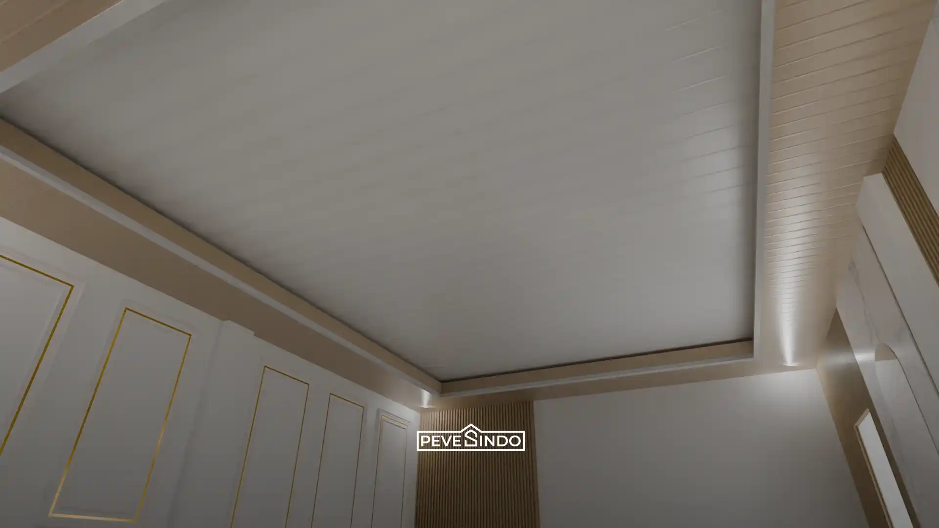 Pemasangan plafon PVC desain drop ceiling minimalis perpaduan panel putih dan lis motif kayu terang yang anti rayap dan tahan air.