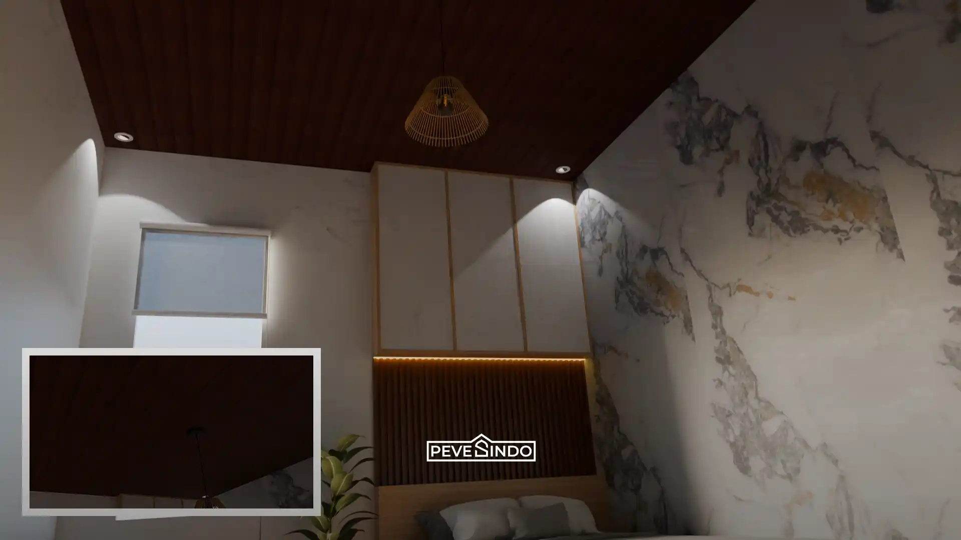 Inspirasi plafon PVC cokelat tua motif kayu gelap pada kamar tidur mewah dengan dinding UV board marmer dan pencahayaan warm white.