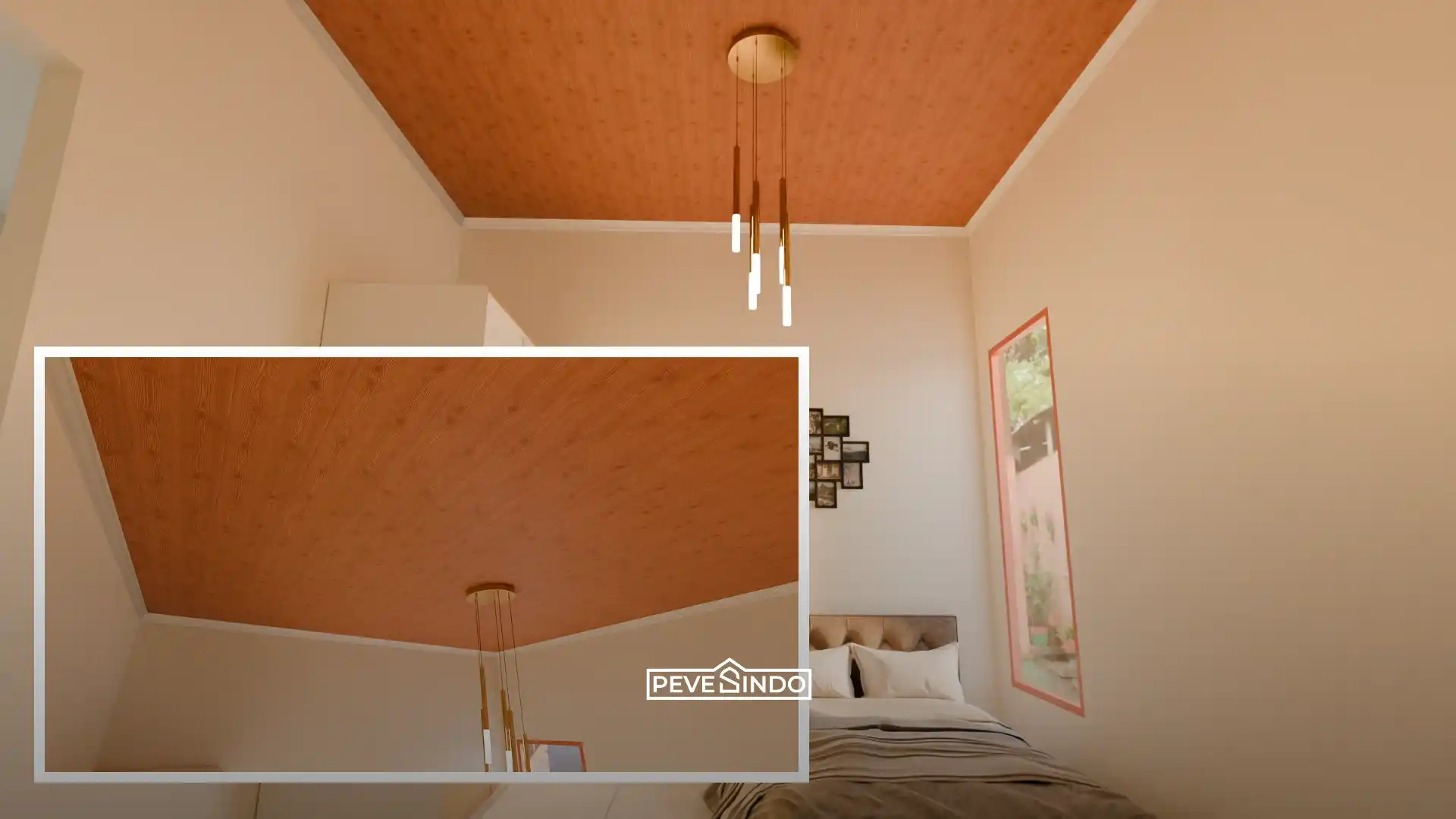 Desain plafon PVC kamar tidur motif serat kayu cokelat natural dengan lampu gantung dekoratif yang menciptakan suasana hangat.
