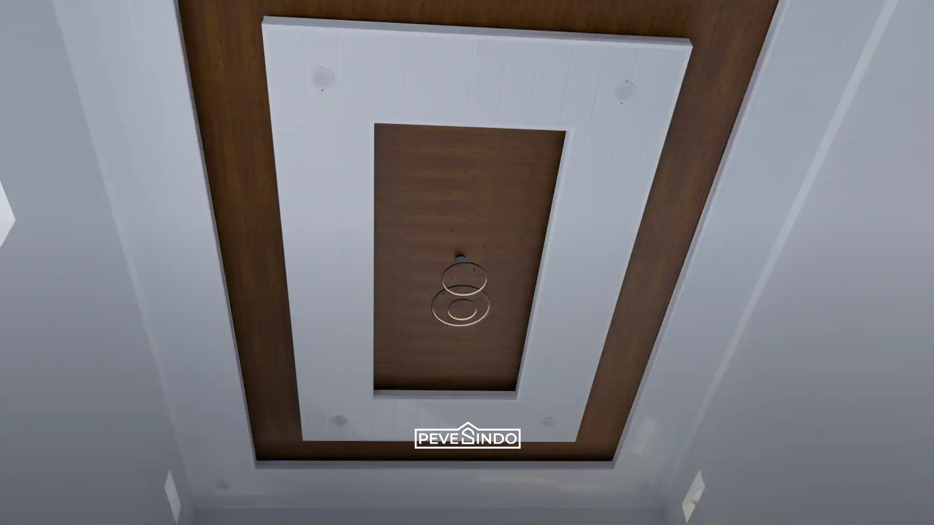 Model plafon PVC drop ceiling minimalis kombinasi warna putih dan motif kayu cokelat tua yang mewah dengan lampu gantung modern.