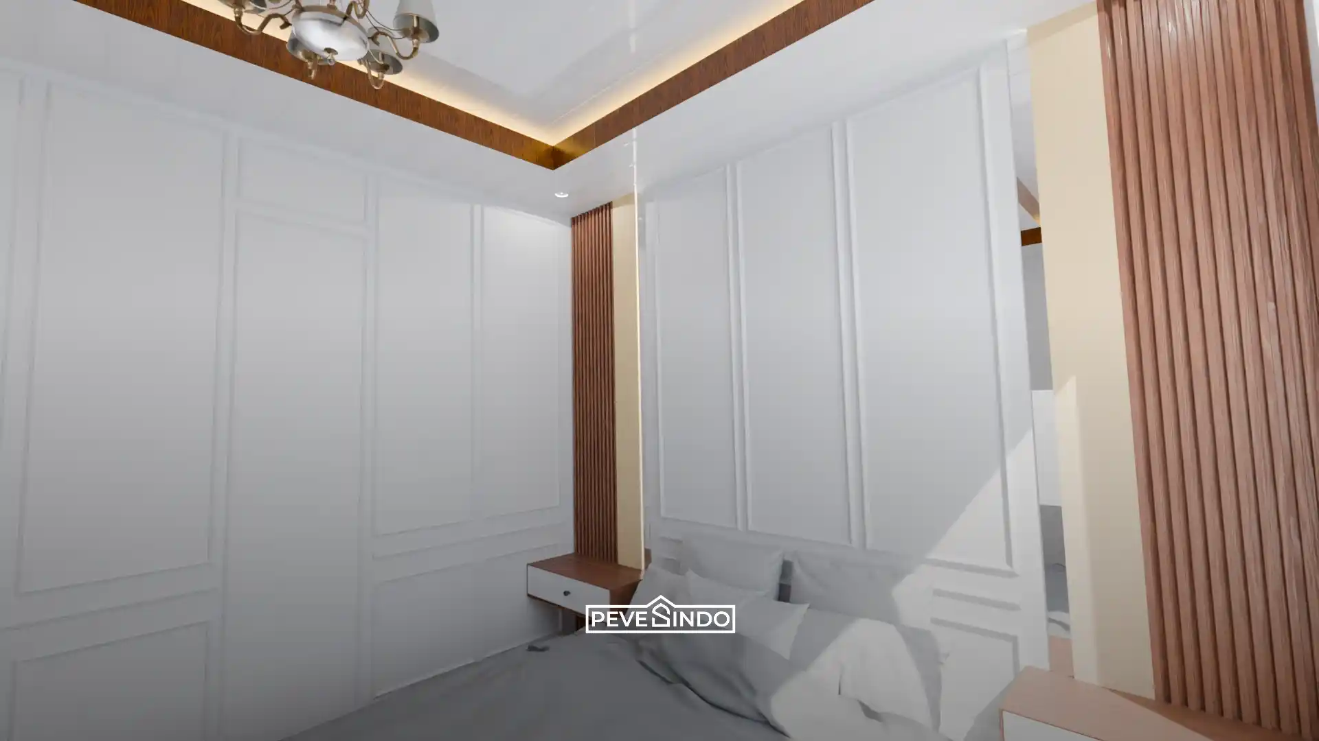 Desain interior kamar tidur dengan plafon PVC putih minimalis dan dekorasi wallpanel motif kayu cokelat yang elegan.