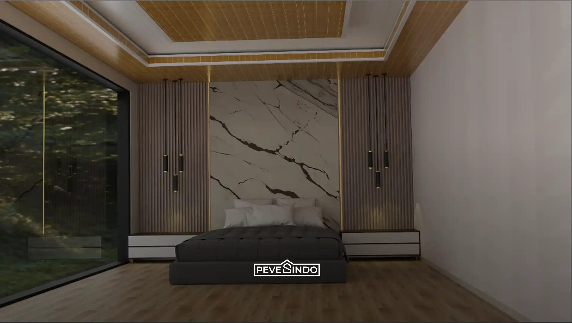 Plafon kamar tidur cokelat tua elegan dipadukan dengan jendela besar untuk meredam silau matahari siang.