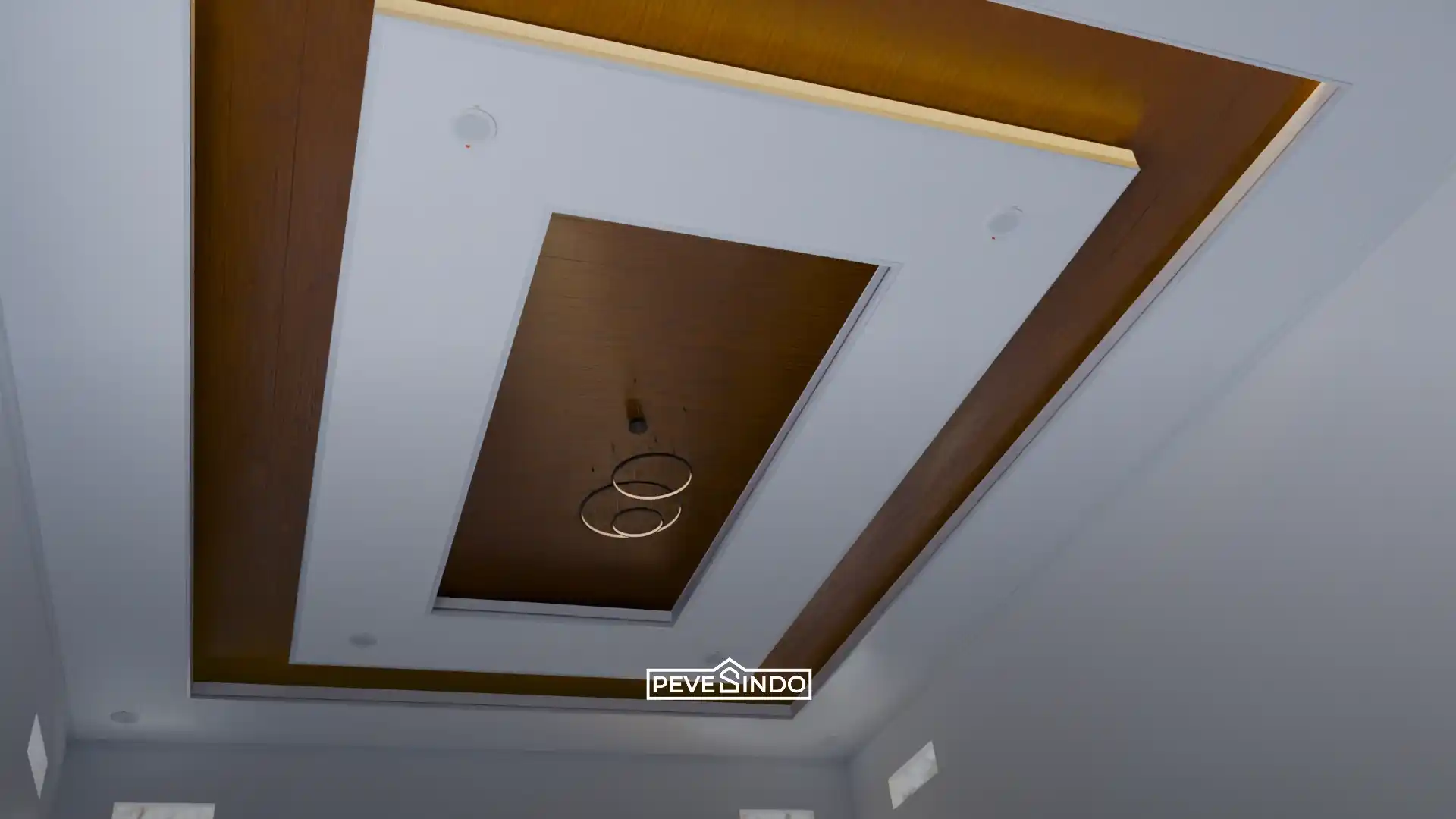 Interior kafe mewah menggunakan plafon pvc motif kayu gelap yang elegan.