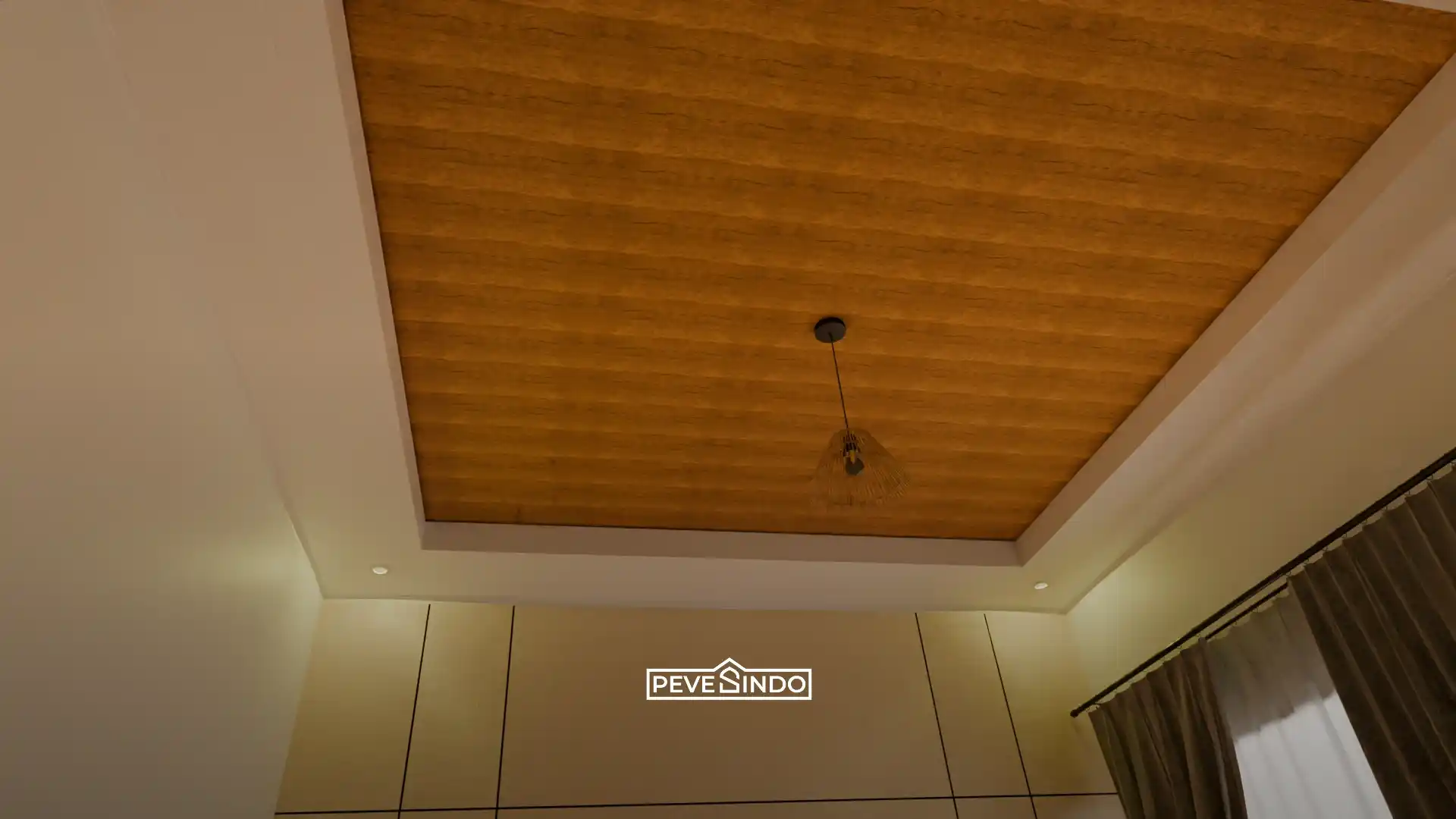 Desain kamar tidur utama bebas bocor dengan plafon pvc warna cokelat.