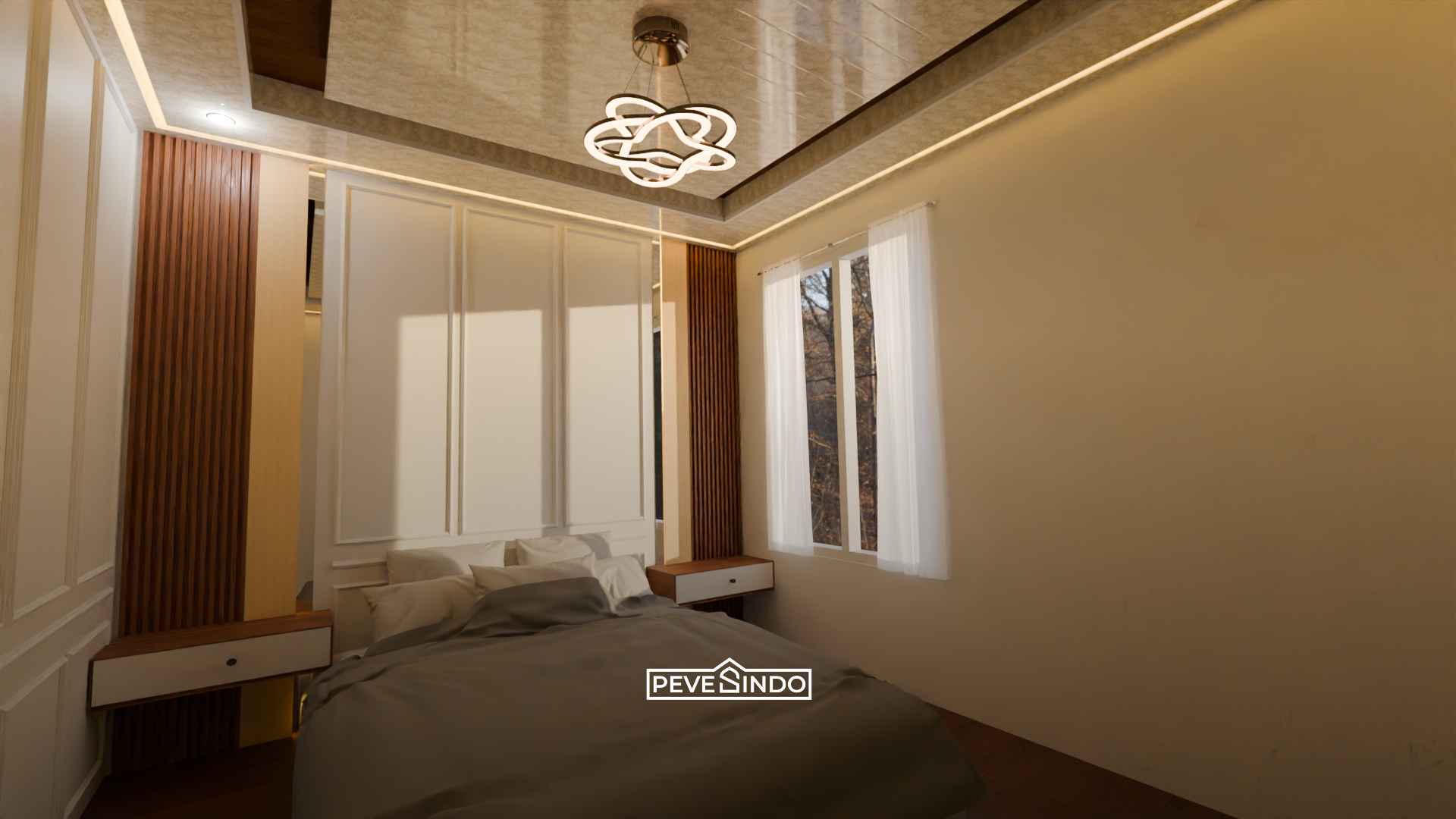 Desain plafon PVC kamar tidur model drop ceiling bertingkat untuk meredam hawa panas atap.