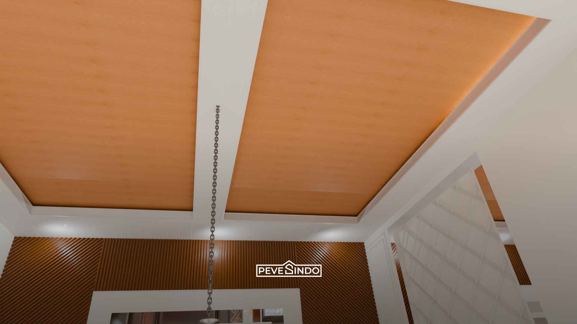 Plafon PVC Pevesindo motif serat kayu cokelat gelap untuk ruang tamu klasik yang anti rayap.