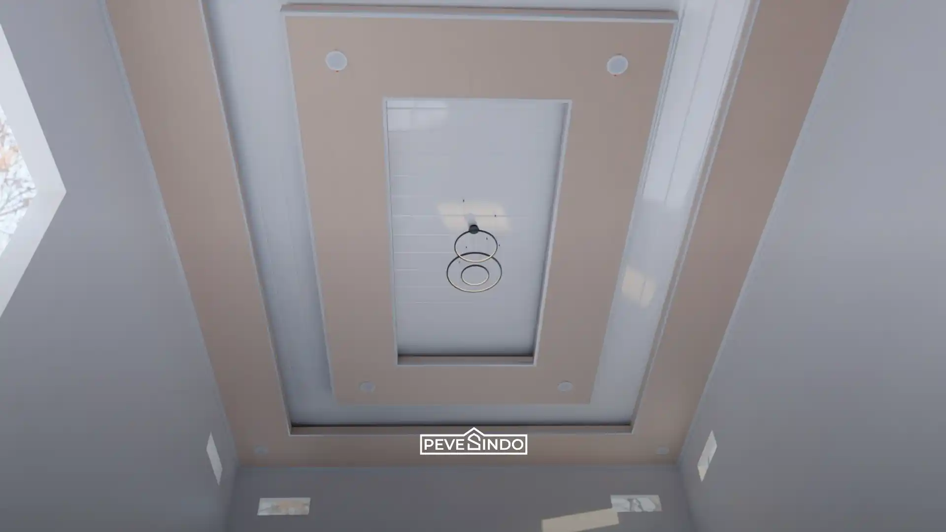 Kombinasi desain plafon PVC coklat dan putih untuk kamar tidur tamu atau homestay.