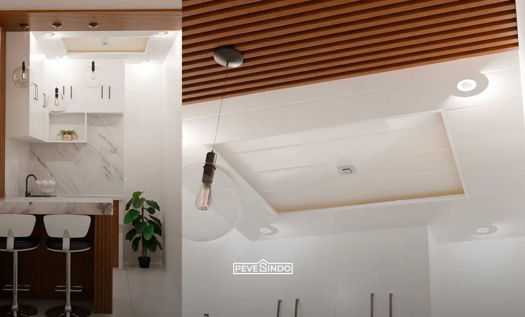 contoh plafon PVC dapur glossy yang mudah dibersihkan dari noda minyak dan asap masakan.