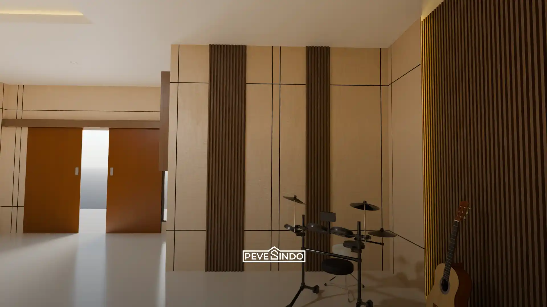 Pemasangan wallpanel WPC serat kayu di ruang tamu untuk menutupi dinding lembap.