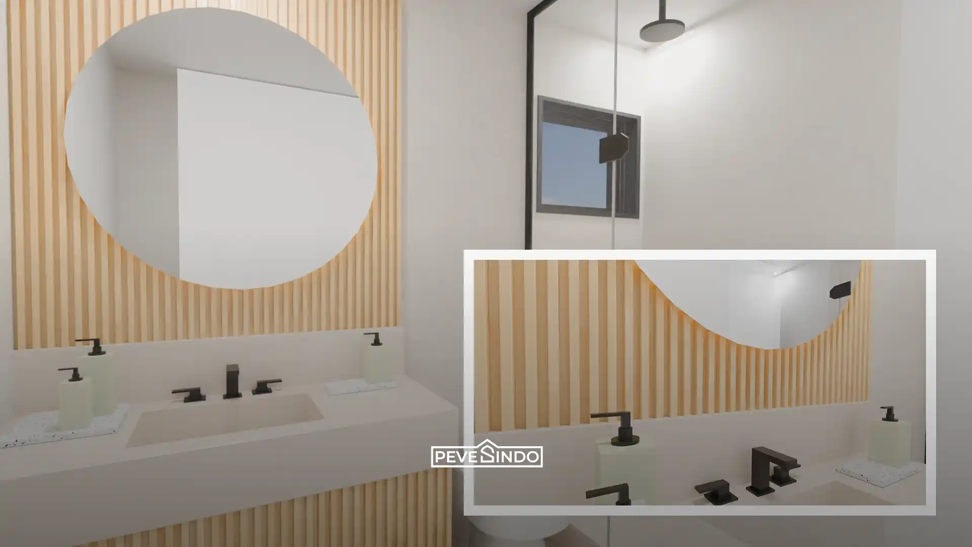 Aplikasi wallpanel WPC tahan air di area kering kamar mandi bernuansa Japandi.