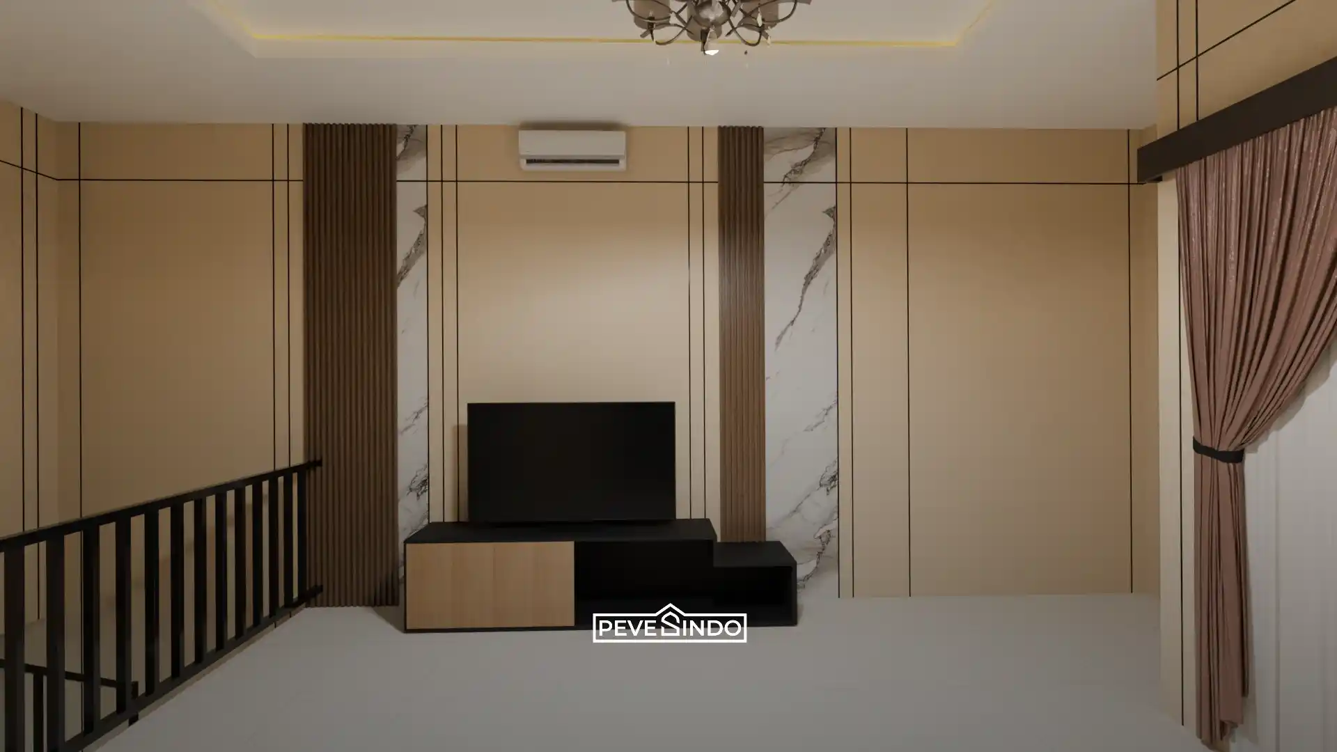 Ruang keluarga rapi dengan wallpanel WPC yang menyembunyikan jalur kabel TV.