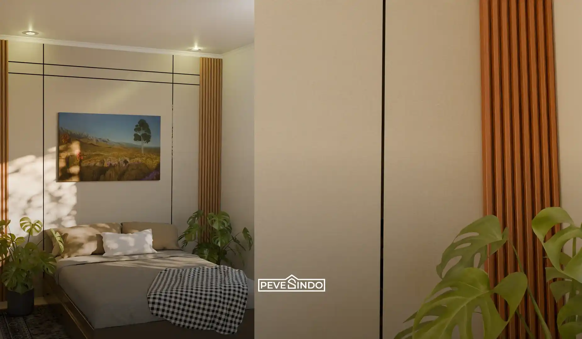 Kamar tidur elegan tanpa debu menggunakan desain wallpanel kekinian yang menenangkan.