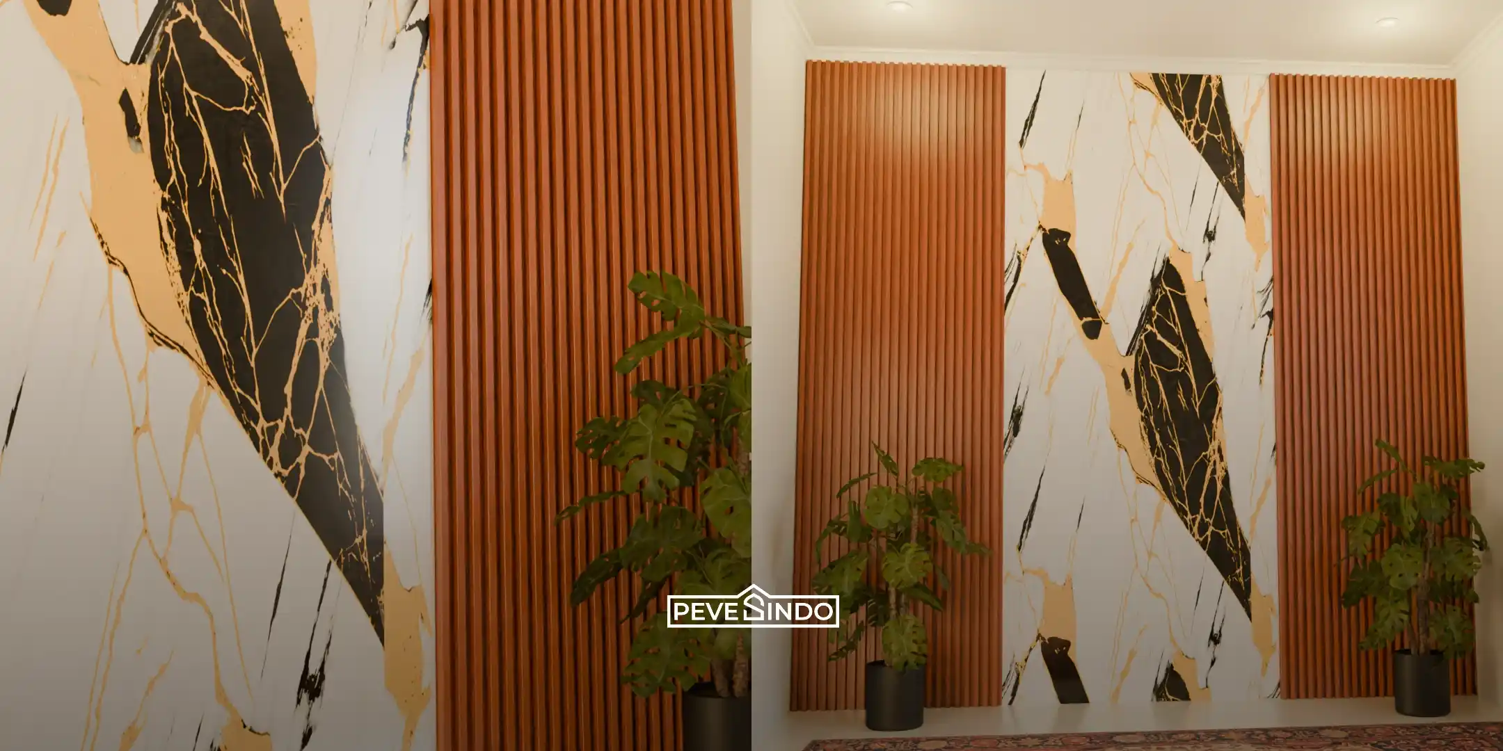 Inspirasi dinding estetik menggunakan kombinasi UV board motif marmer dan WPC wallpanel cokelat dari Pevesindo sebagai solusi pelapis dinding interior yang tahan air dan anti rayap.