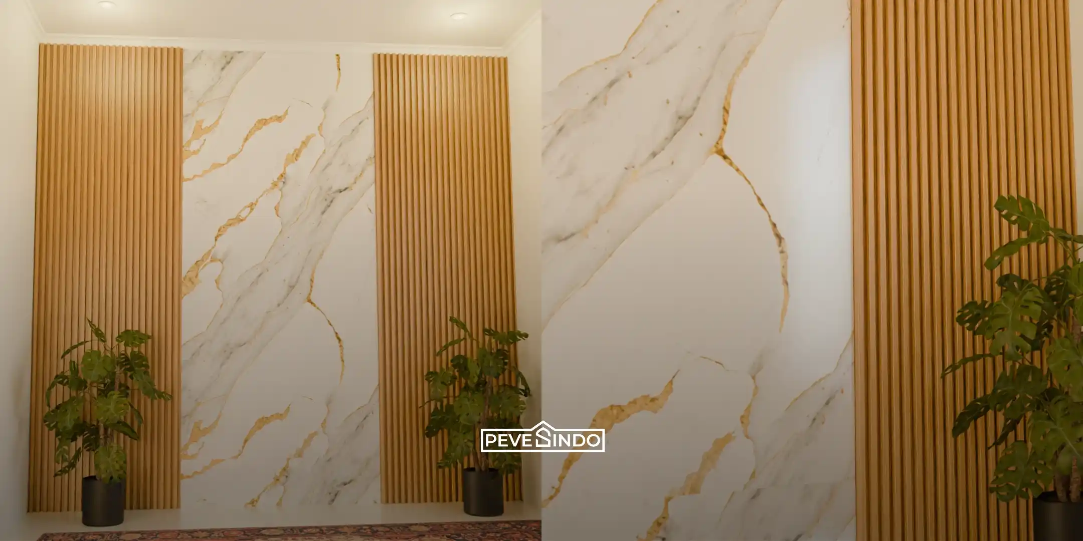 Desain dinding minimalis mewah menggunakan kombinasi UV board marmer putih emas dan WPC wallpanel warna kayu muda dari Pevesindo untuk interior ruangan yang cerah dan anti lembap.