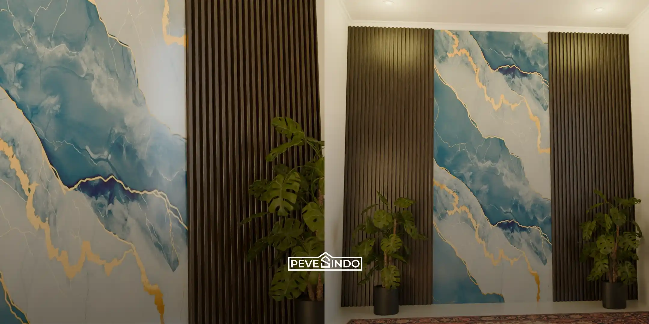 Inspirasi dinding mewah dan anti jamur menggunakan perpaduan UV board marmer biru toska gold dan WPC wallpanel warna cokelat gelap dari Pevesindo.