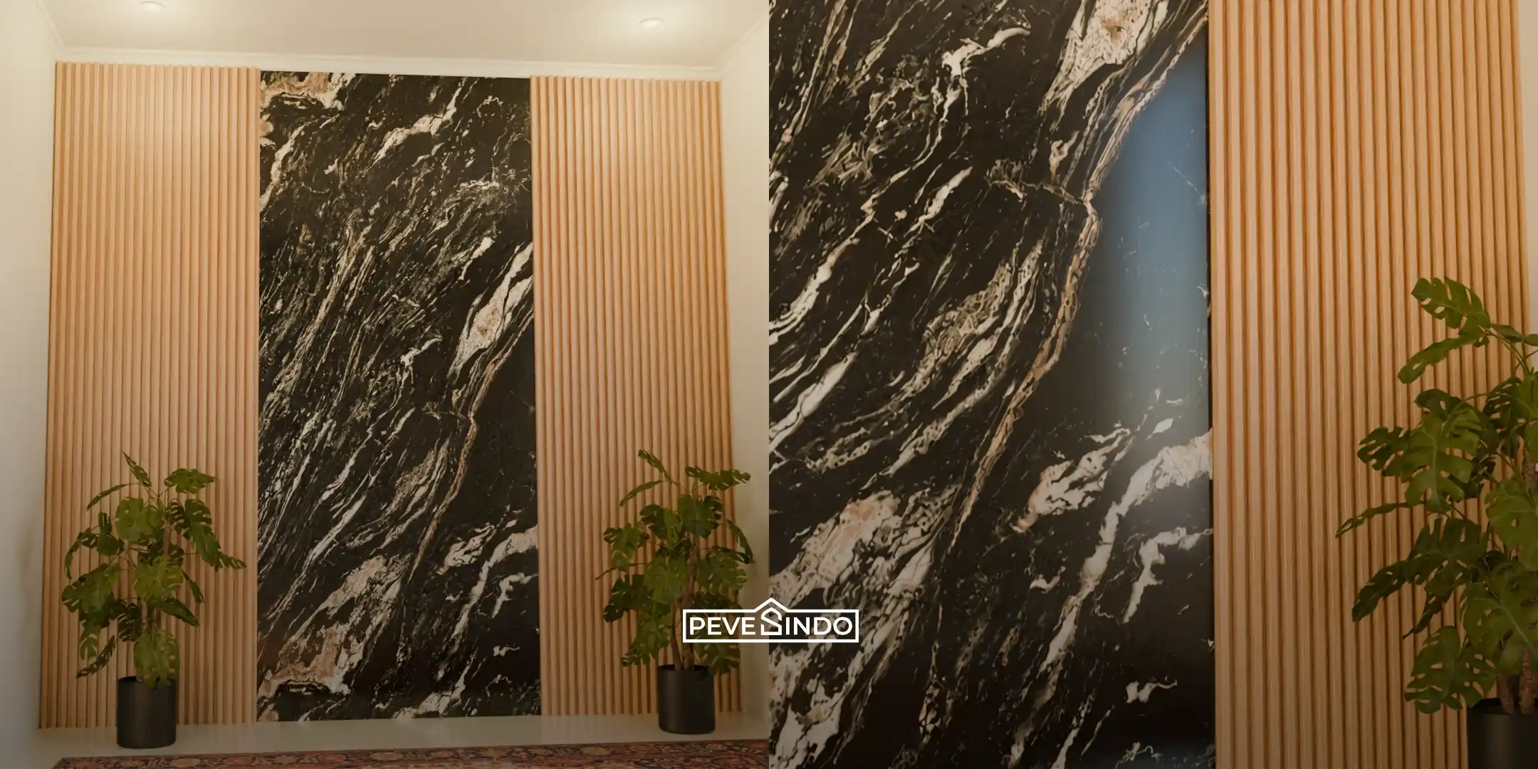 Panel dinding dekoratif menggunakan kombinasi UV board marmer hitam premium dan WPC wallpanel warna kayu cream dari Pevesindo sebagai solusi pelapis dinding interior anti jamur.
