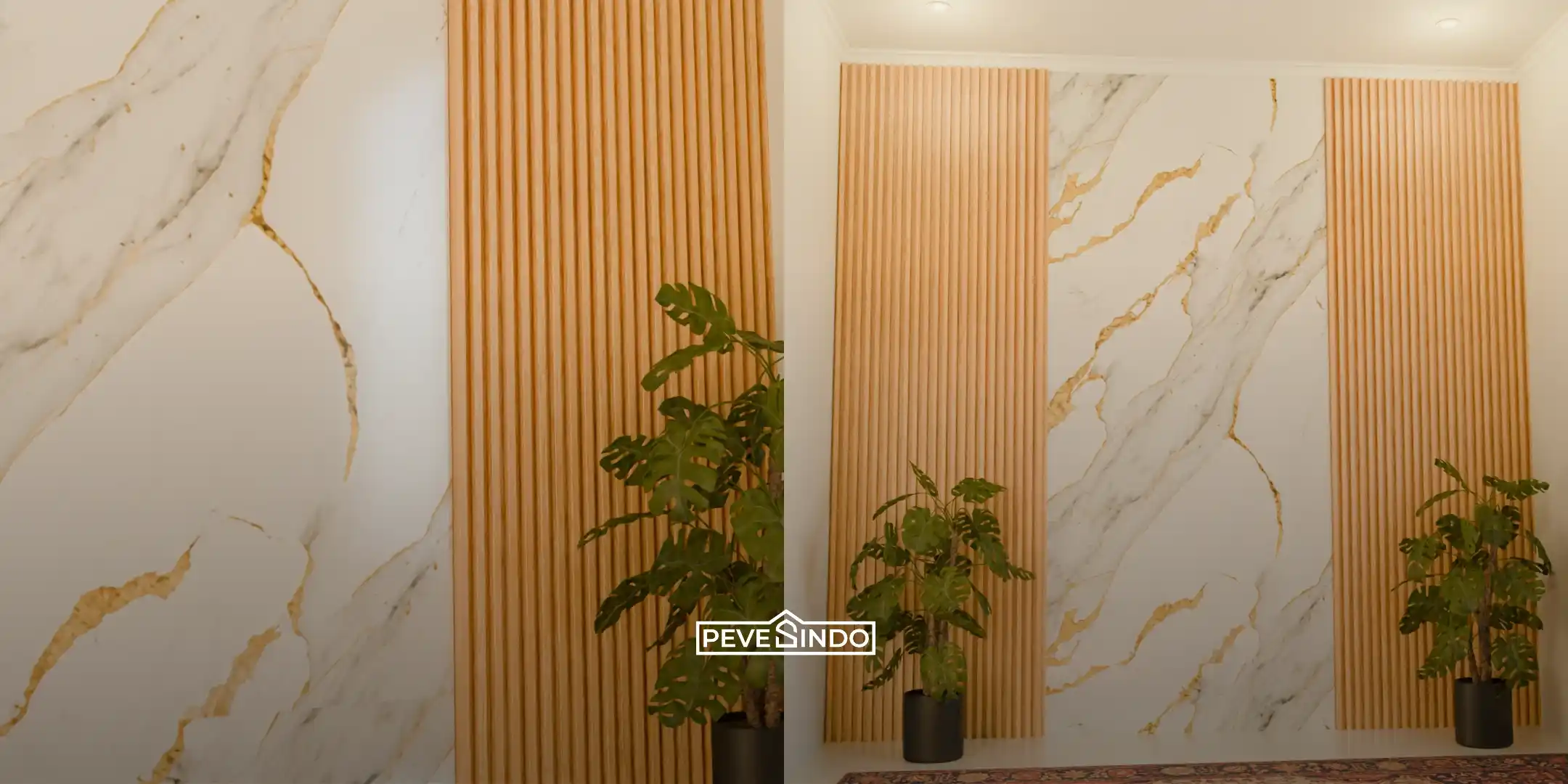 Kombinasi dinding minimalis modern menggunakan UV board marmer putih urat emas dan WPC wallpanel warna kayu natural dari Pevesindo untuk solusi interior anti lembap.