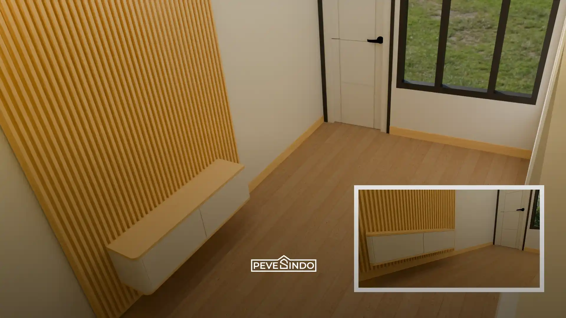 Lorong rumah tampil lebih terang dan elegan menggunakan wallpanel warna cerah.