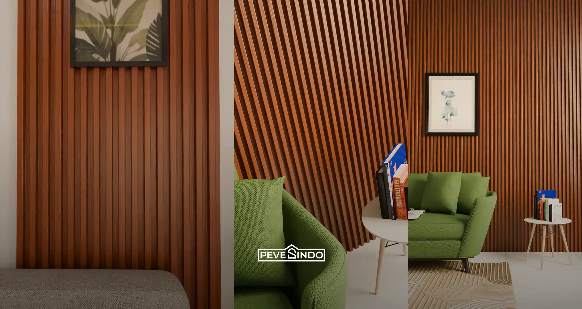 Panel dinding modern untuk menyamarkan tembok bergelombang pada ruang makan.