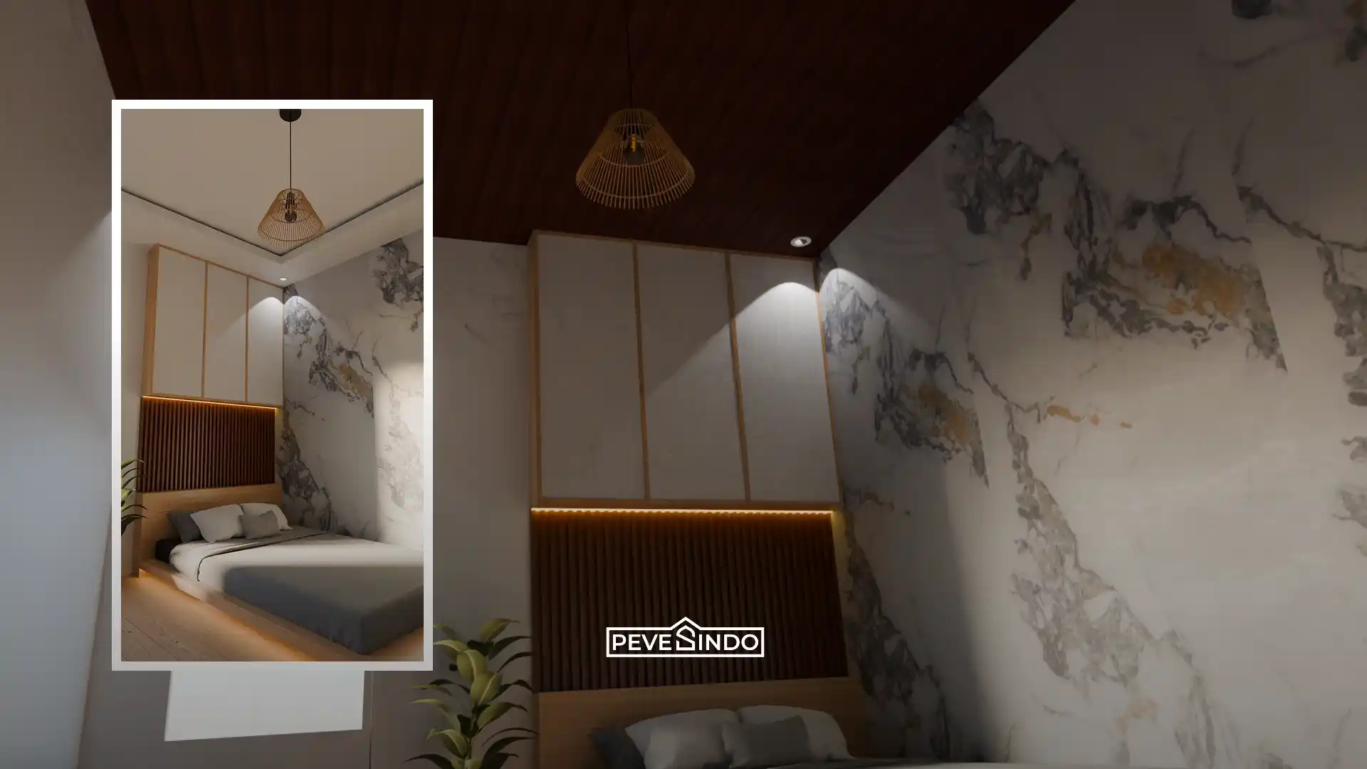 Wallpanel nuansa kayu hangat di belakang tempat tidur utama minimalis.