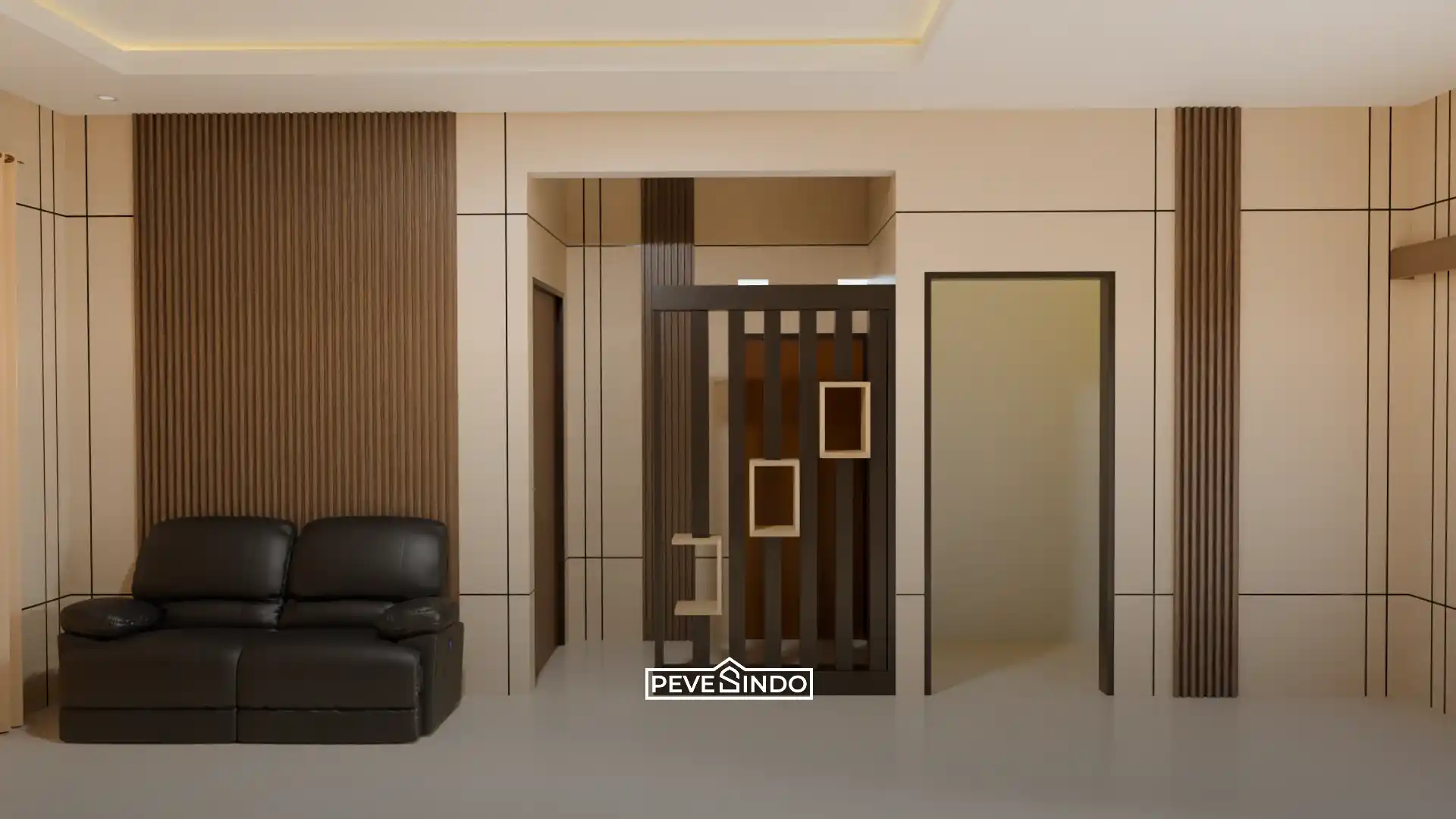 Panel dinding modern untuk melindungi area ruang keluarga dari lecet dan goresan.